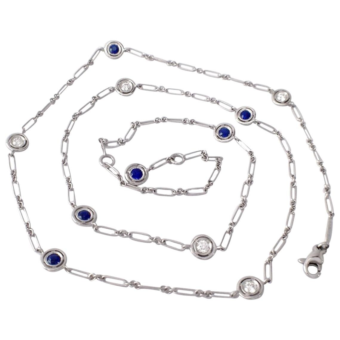Gemstone White Diamond Blue Sapphire 18 Karat White Gold Necklace