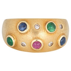 Gemstone Wide Band Ruby Emerald Sapphire Diamond 18 Karat Gold Vintage Ring