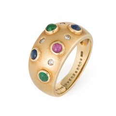 Gemstone Wide Band Ruby Emerald Sapphire Diamond 18 Karat Gold Vintage Ring