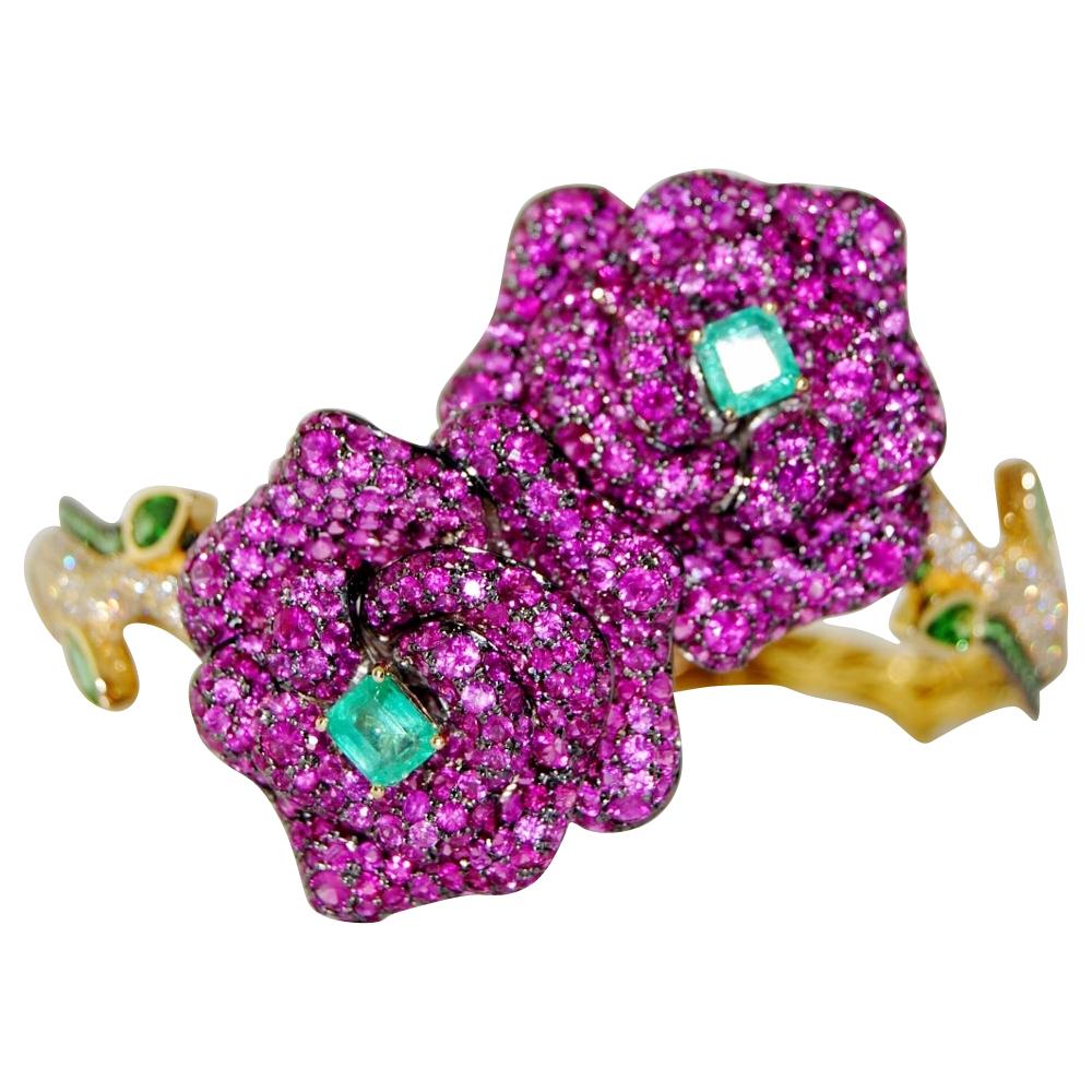 Gemstones Diamond Ladies Flower Bangle, 18 Karat Gold For Sale