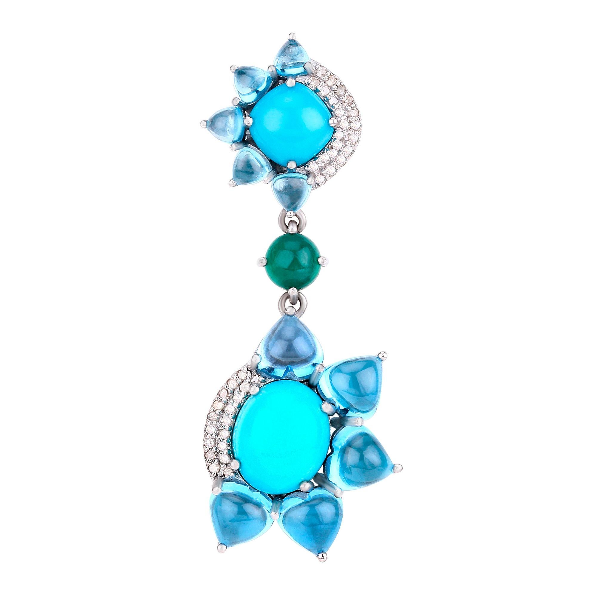 Mixed Cut Gemstones Earrings Topaz Emerald Turquoise Diamond 38.95 Carats Sterling Silver For Sale