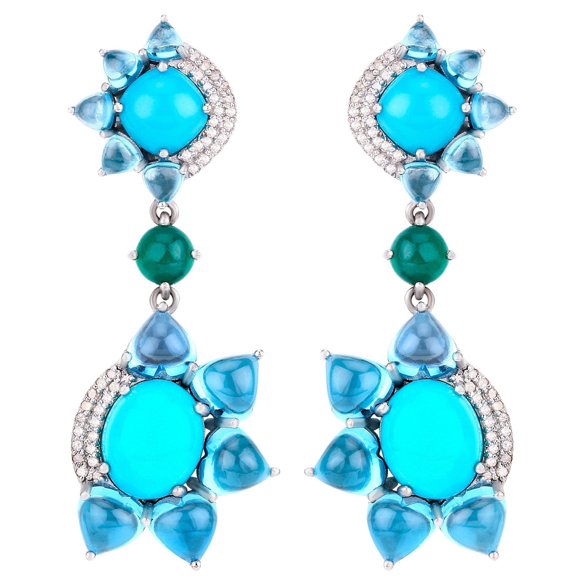Gemstones Earrings Topaz Emerald Turquoise Diamond 38.95 Carats Sterling Silver For Sale