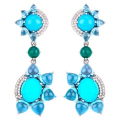 Gemstones Earrings Topaz Emerald Turquoise Diamond 38.95 Carats Sterling Silver
