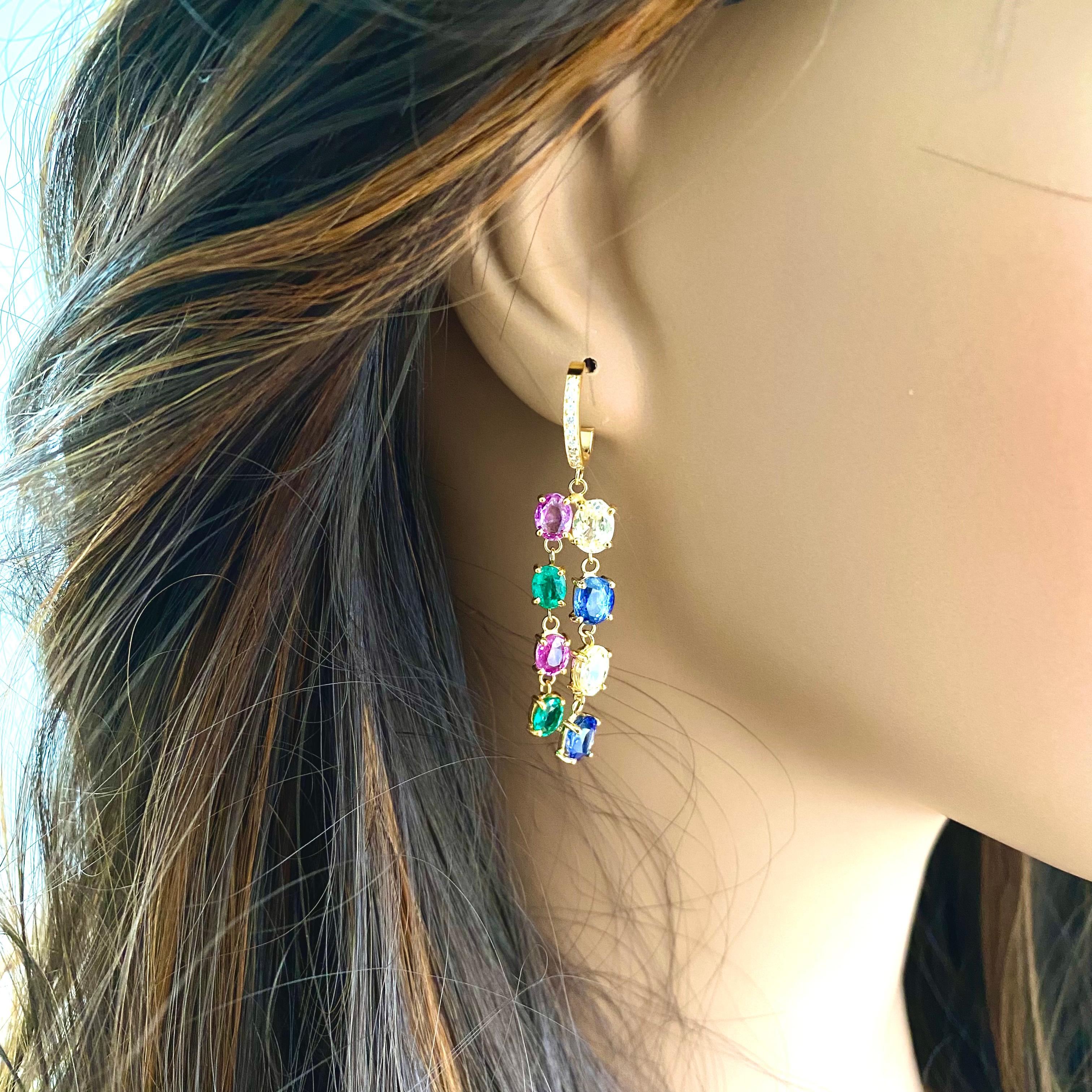 Stylish Dangle Yellow Gold  Hoop Earrings Diamond Emerald Multi Color Sapphires  6