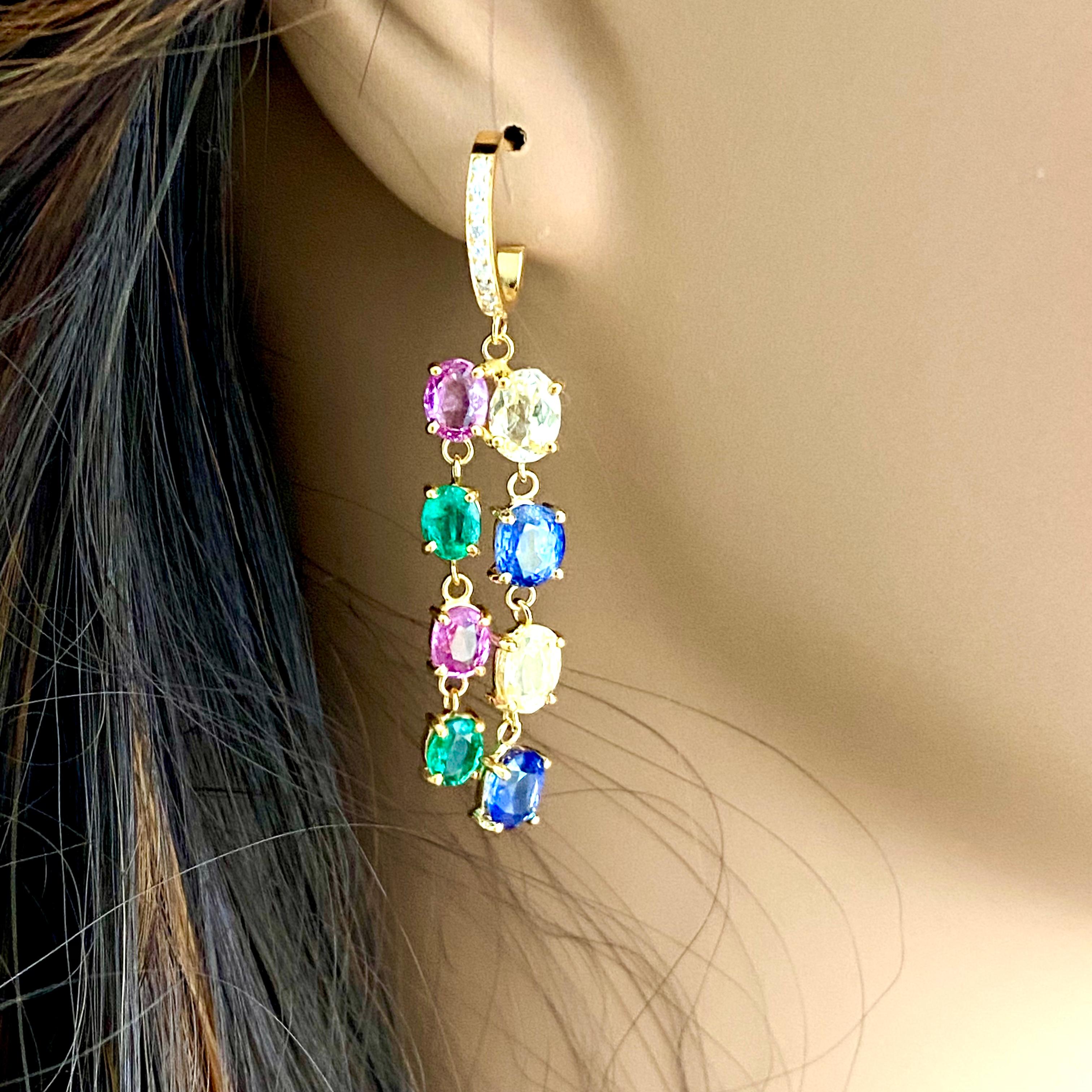 Oval Cut Stylish Dangle Yellow Gold  Hoop Earrings Diamond Emerald Multi Color Sapphires 