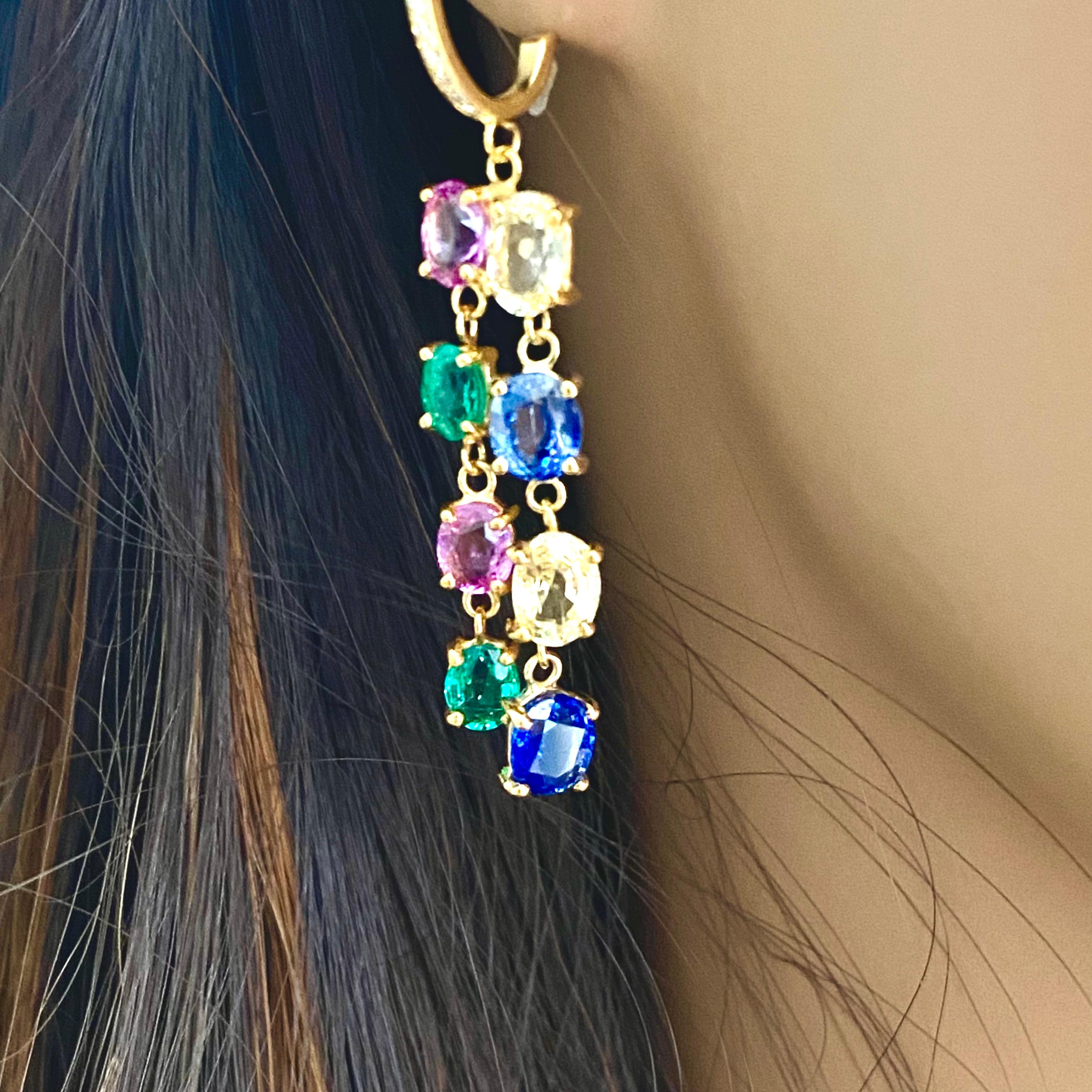 Women's or Men's Stylish Dangle Yellow Gold  Hoop Earrings Diamond Emerald Multi Color Sapphires 