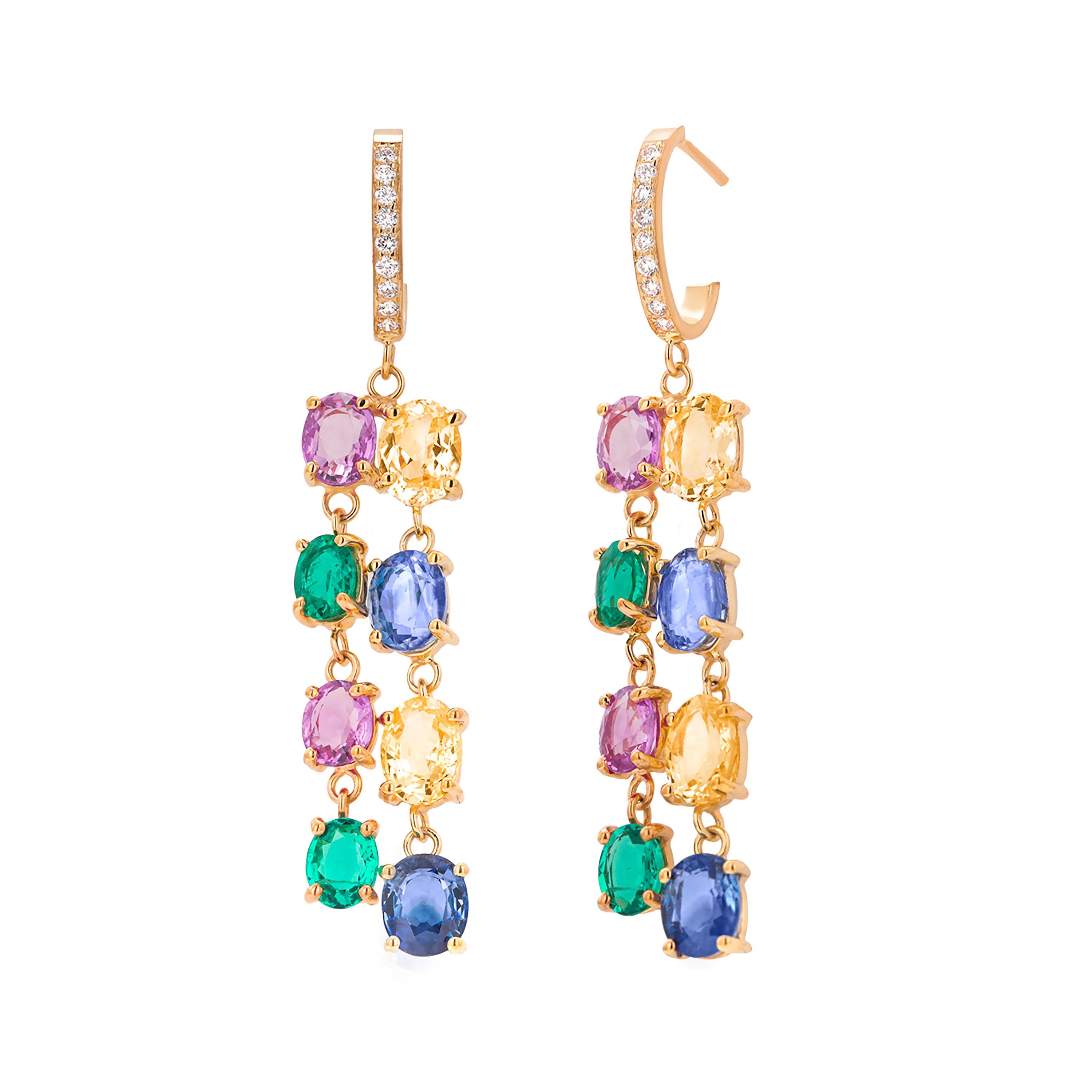 Stylish Dangle Yellow Gold  Hoop Earrings Diamond Emerald Multi Color Sapphires  1