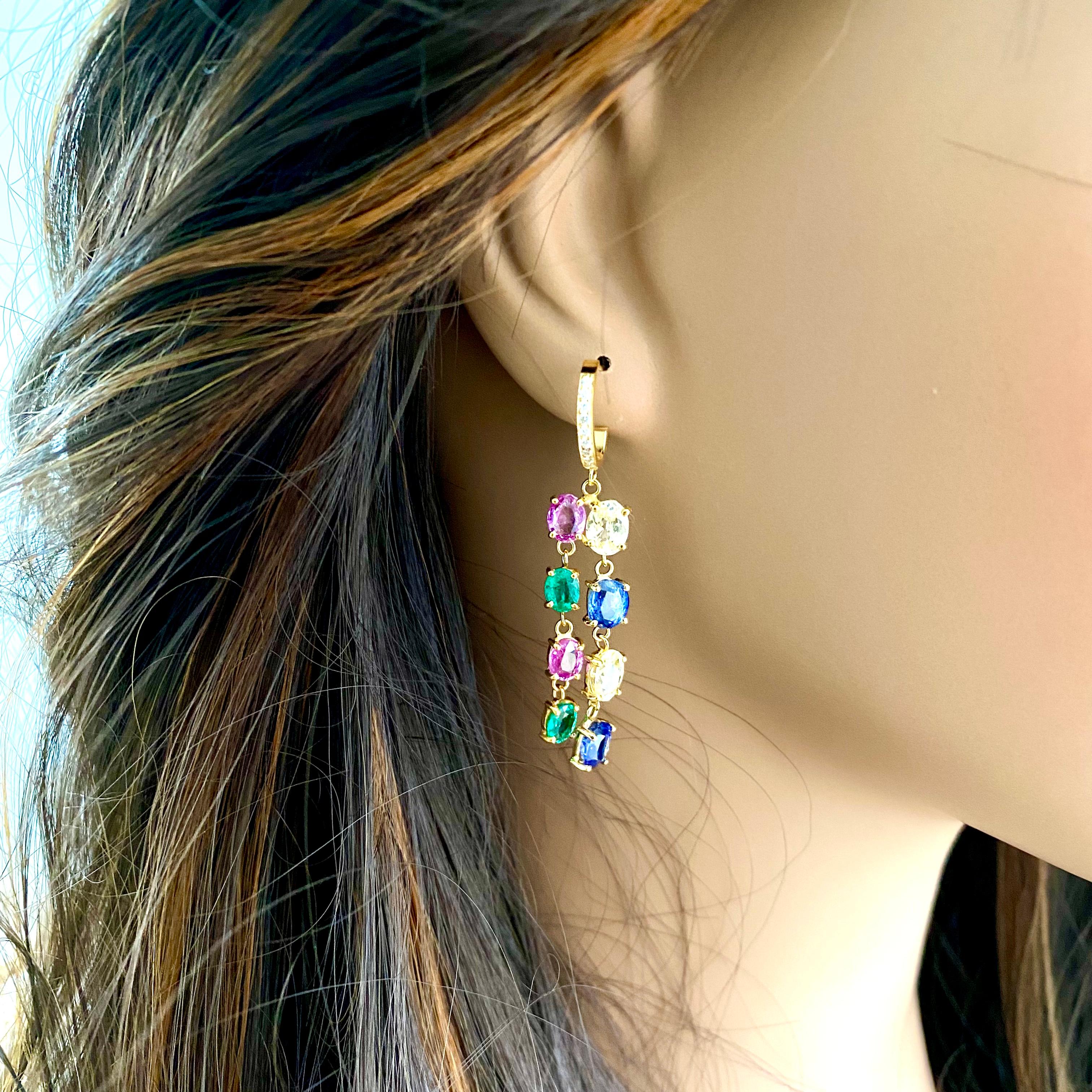 Stylish Dangle Yellow Gold  Hoop Earrings Diamond Emerald Multi Color Sapphires  2