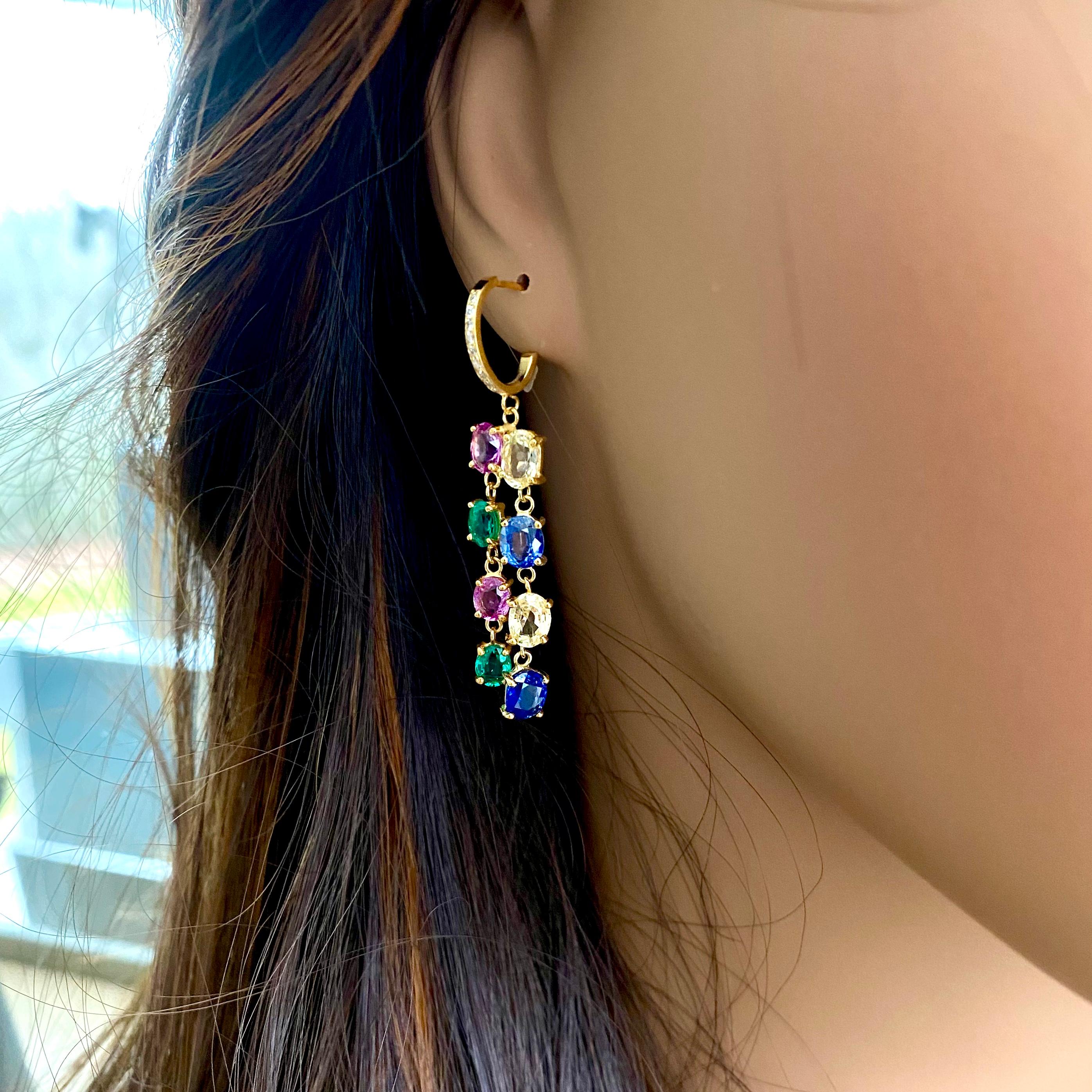 Stylish Dangle Yellow Gold  Hoop Earrings Diamond Emerald Multi Color Sapphires  3