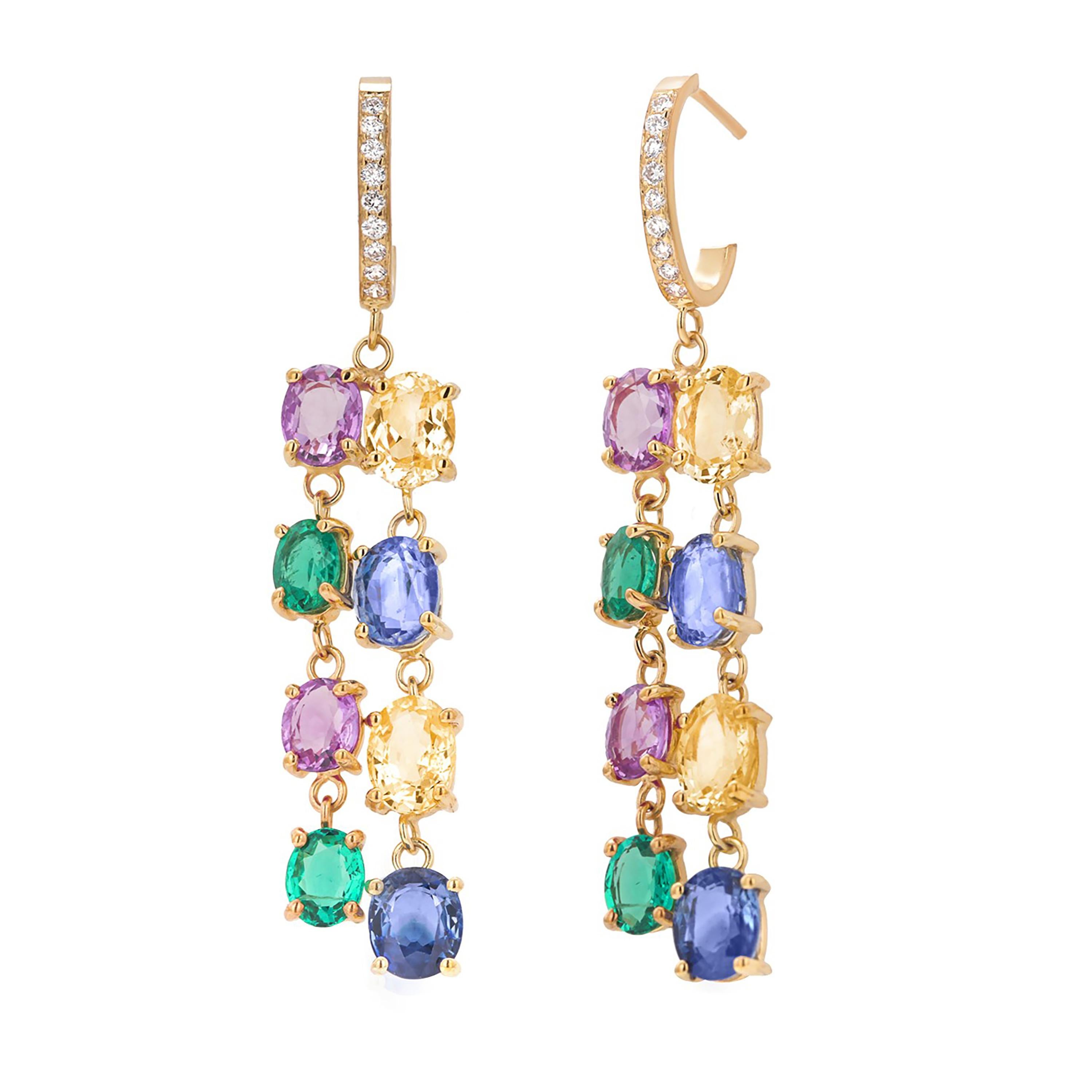 Stylish Dangle Yellow Gold  Hoop Earrings Diamond Emerald Multi Color Sapphires  In New Condition In New York, NY