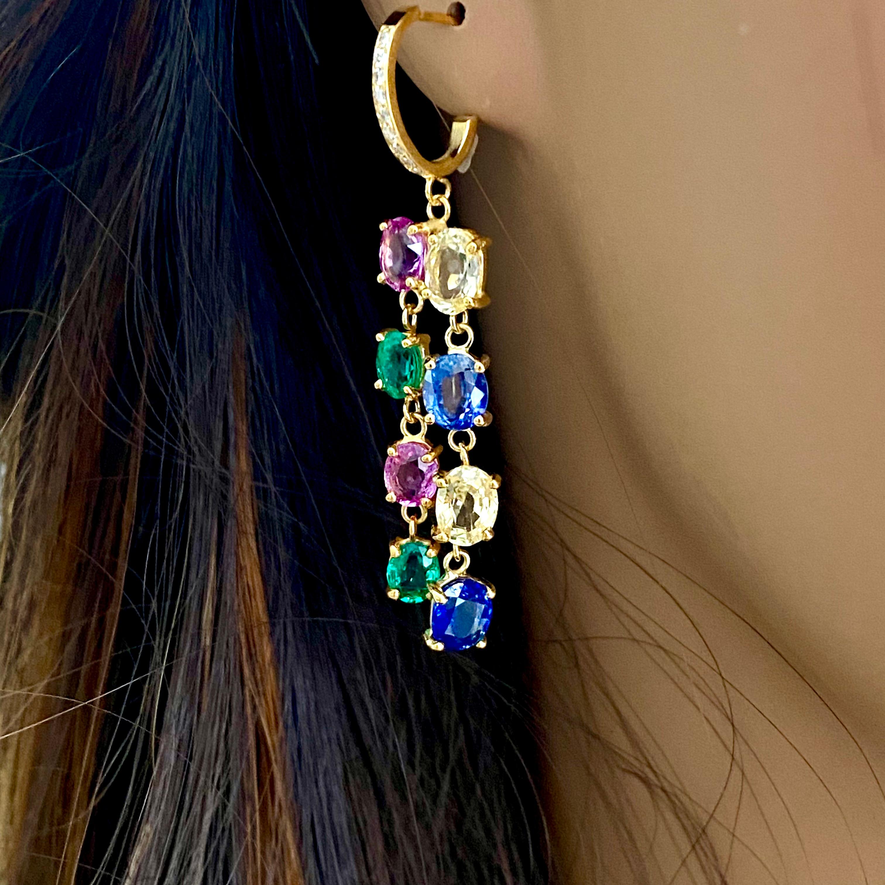 Stylish Dangle Yellow Gold  Hoop Earrings Diamond Emerald Multi Color Sapphires  4