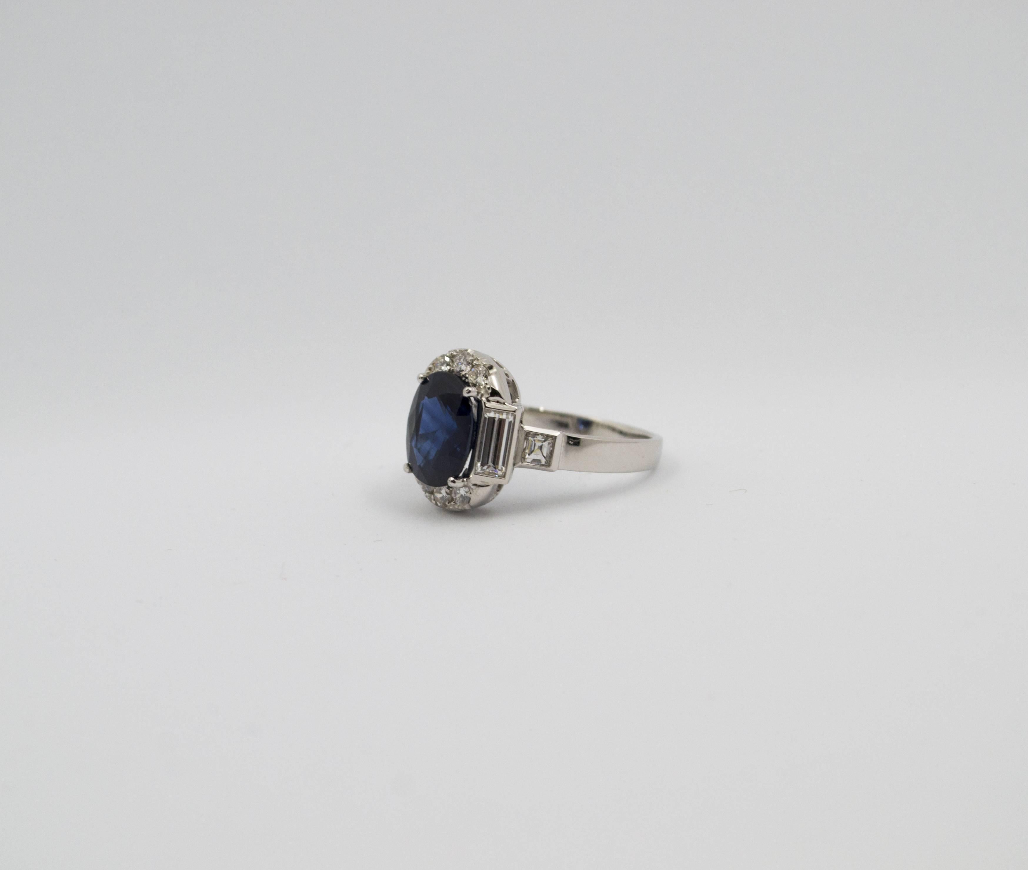 This Ring is made of 18K White Gold.
This Ring has 1.14 Carats of White Diamonds.
This Ring has a GemTech Certified 3.36 Carats Blue Sapphire.
Size ITA: 16 USA: 7.5
We're a workshop so every piece is handmade, customizable and resizable.