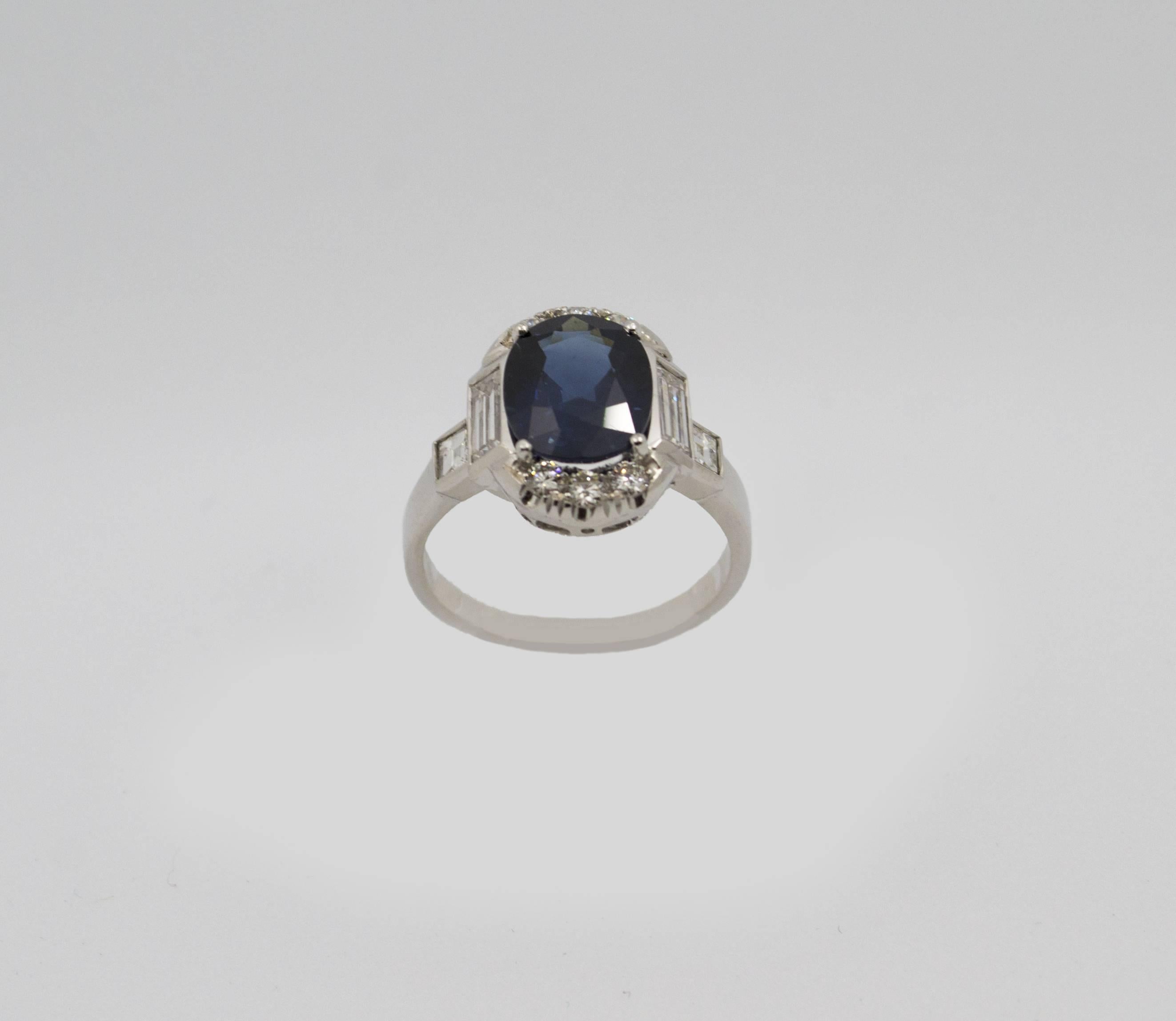 Renaissance GemTech Certified 3.36 Carat Blue Sapphire 1.14 Carat Diamond White Gold Ring