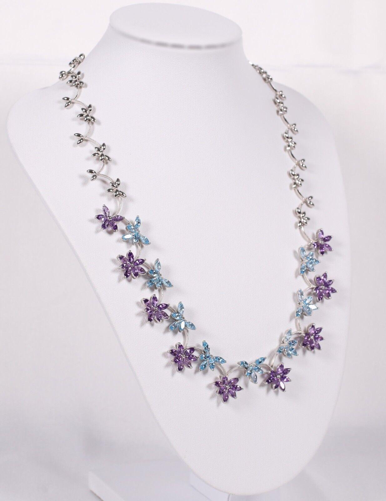 Marquise Cut Gemtique 18k White Gold Amethyst & Topaz Floral Necklace, 16 inches - 37.3g For Sale