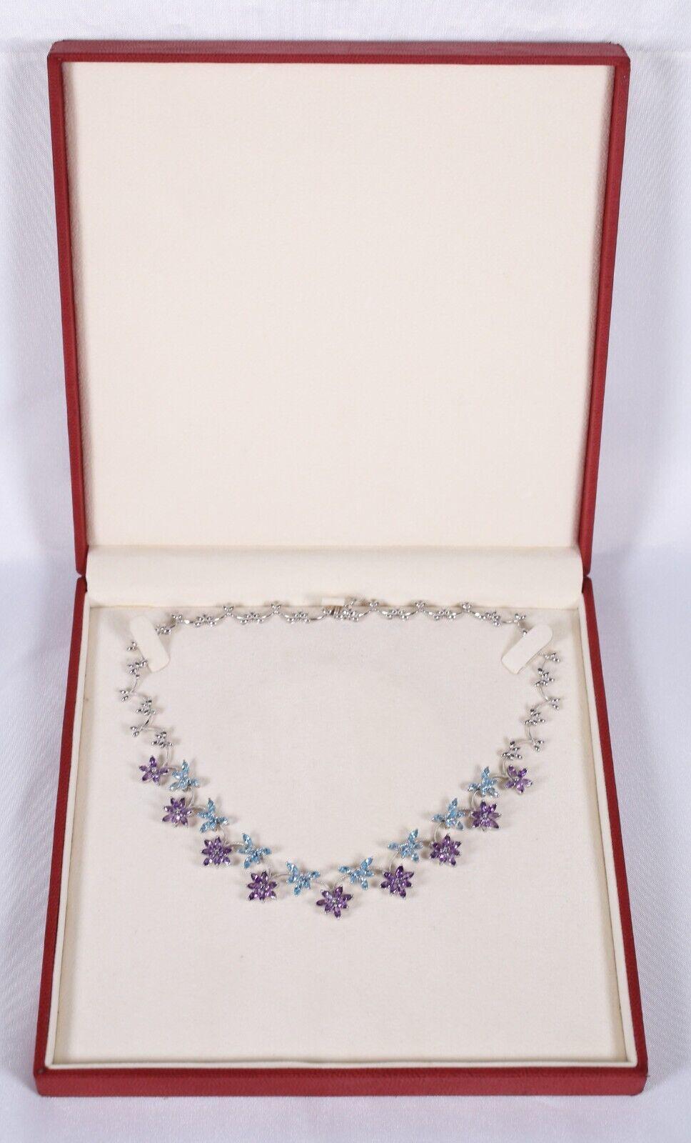 Gemtique 18k White Gold Amethyst & Topaz Floral Necklace, 16 inches - 37.3g In Good Condition For Sale In Providence, RI