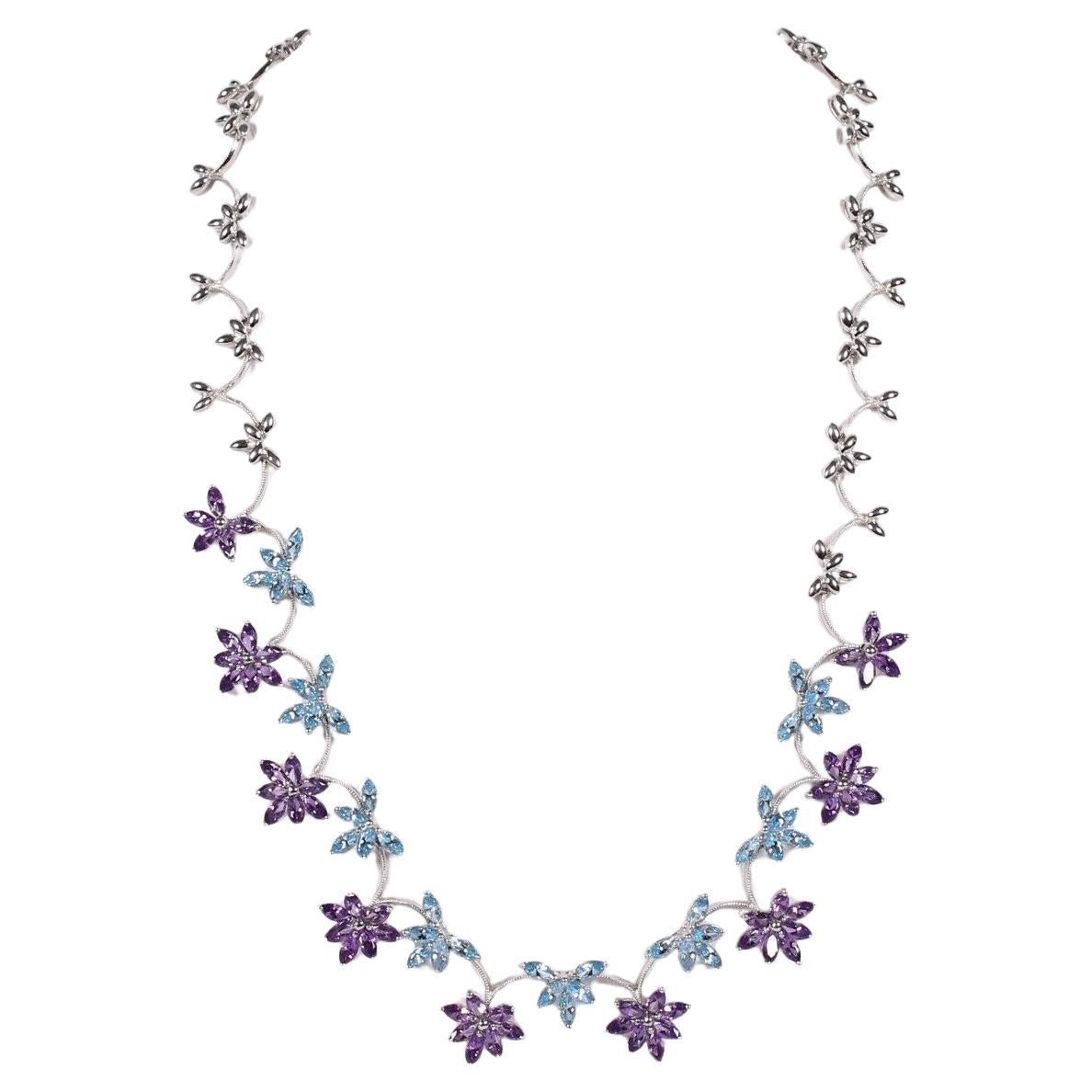 Gemtique 18k White Gold Amethyst & Topaz Floral Necklace, 16 inches - 37.3g