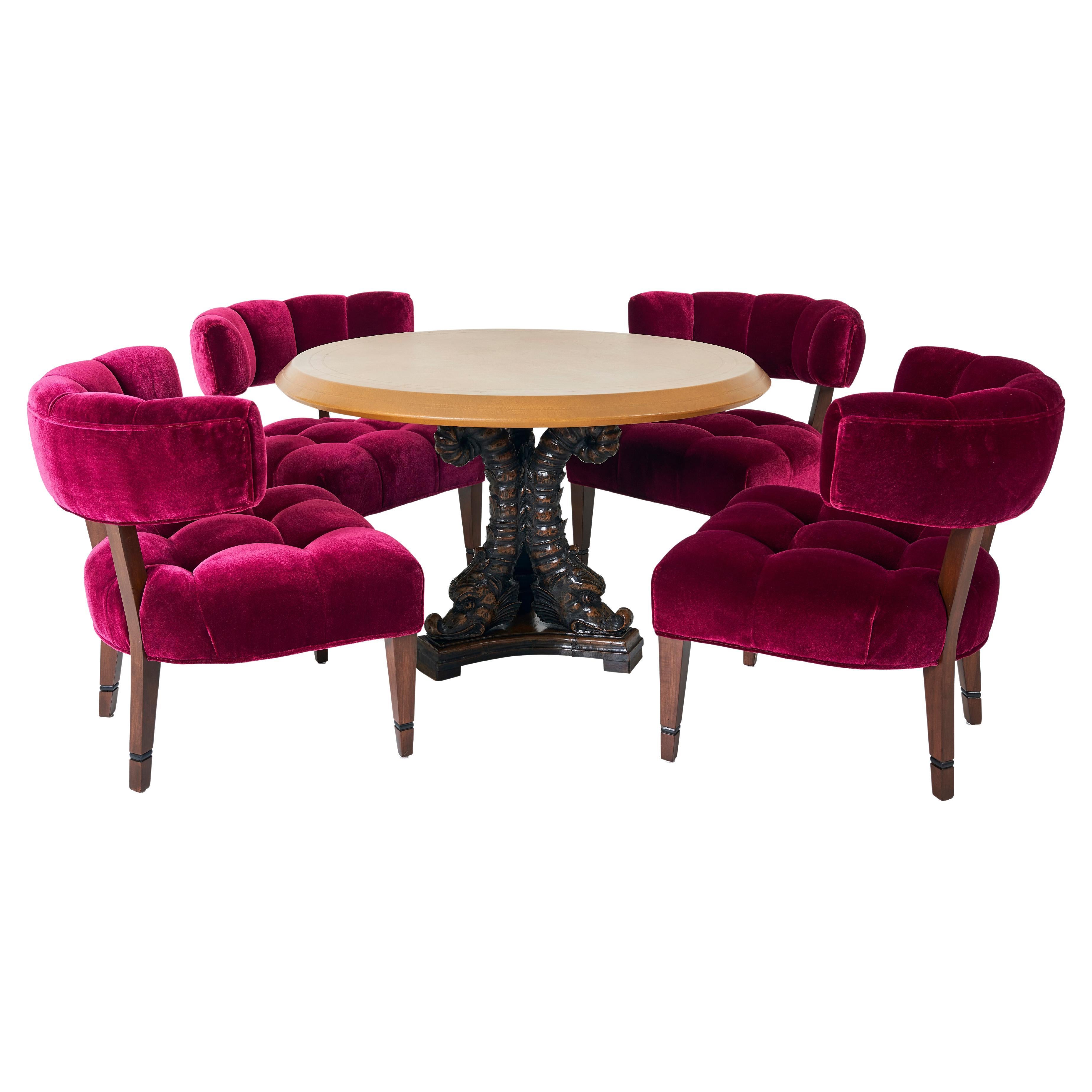 "Gemütlich" Leather Clad Table and 4 Bergundy Brentwood Chairs by William Haines For Sale
