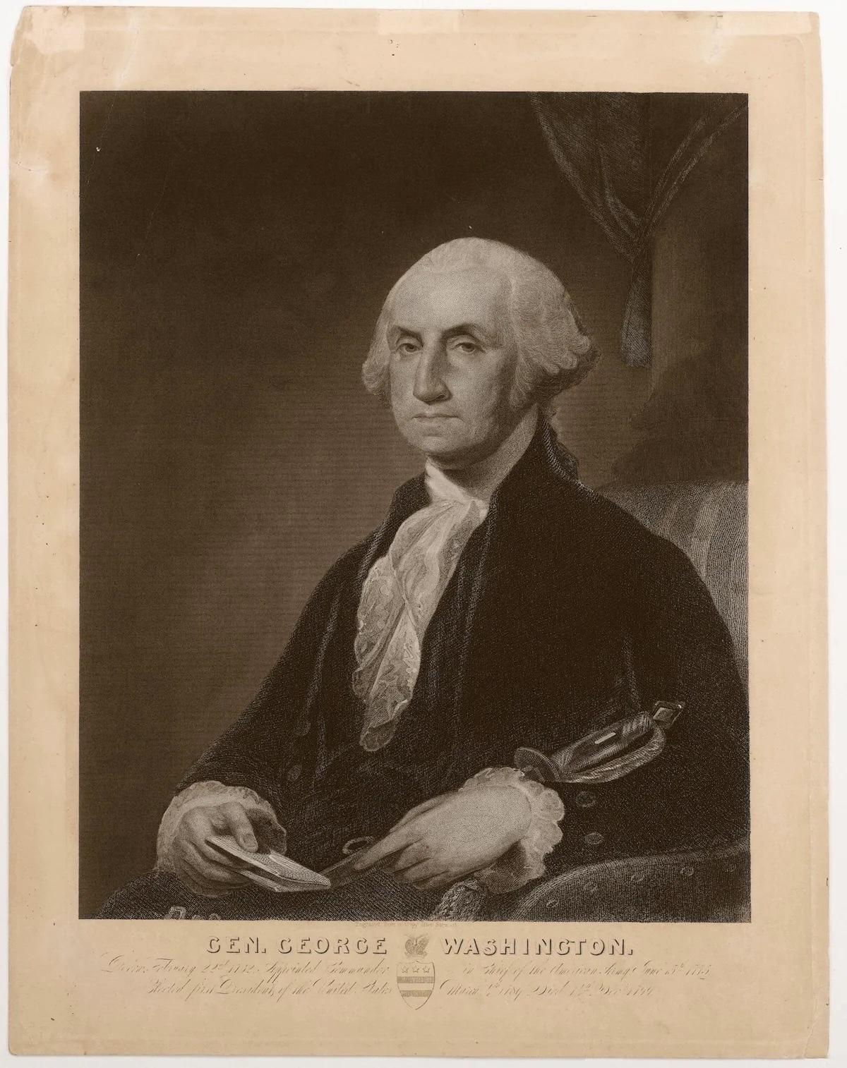 This is an engraved portrait of General George Washington from the 19th century. The print was produced by William E. Marshall and was based off of Gilbert Stuart's original oil-on-canvas painting. The piece shows George Washington, seated, in a