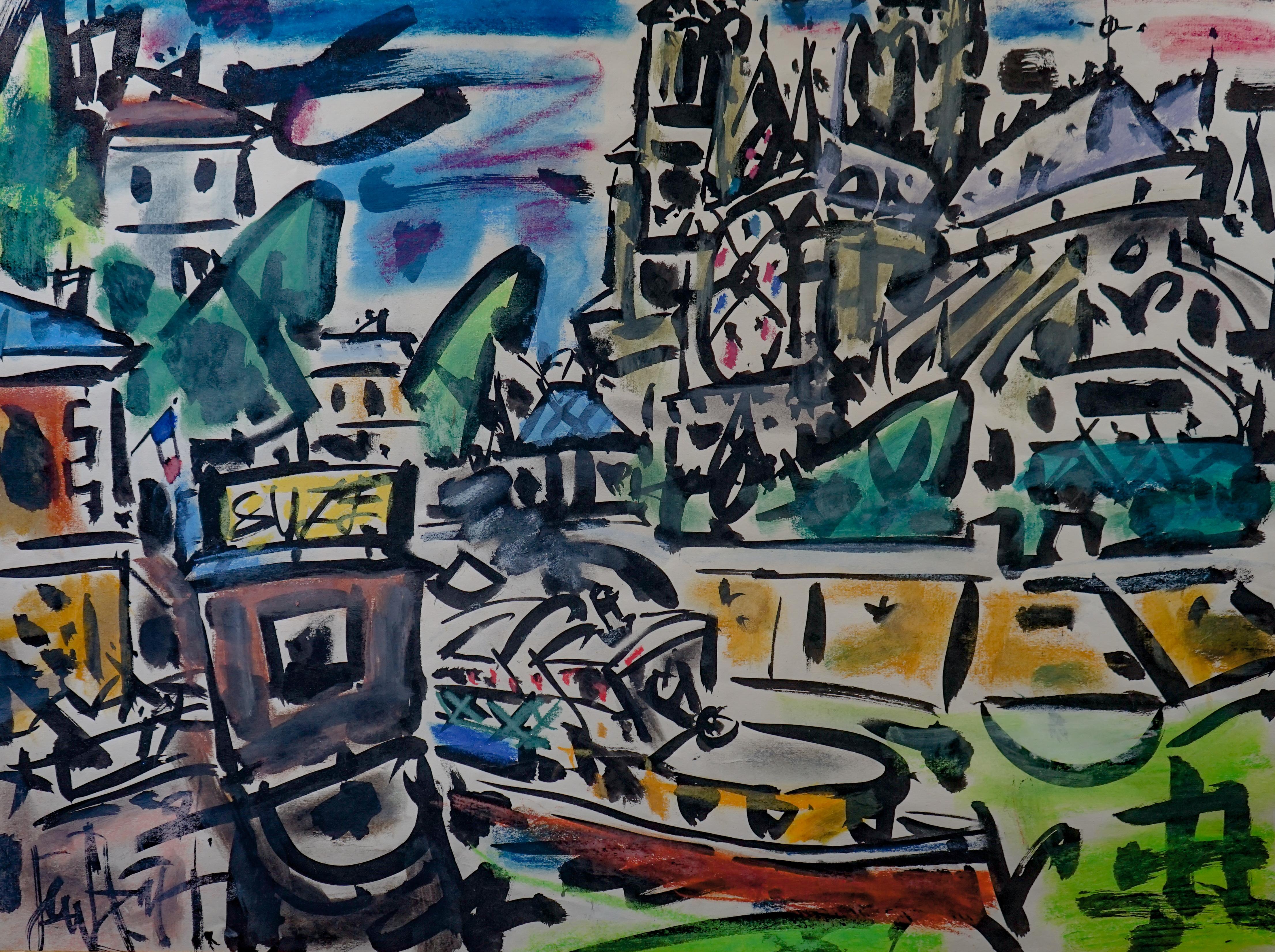 Gen Paul (1895-1975), ein bedeutender Maler des französischen Expressionismus, lebte und arbeitete in Montmartre.  Gemälde Zeigt eine Gouache-Ansicht von Notre Dame mit einem Schlepper auf der Seine.

Insgesamt 34 x 27 Zoll
Siehe  26 x 19