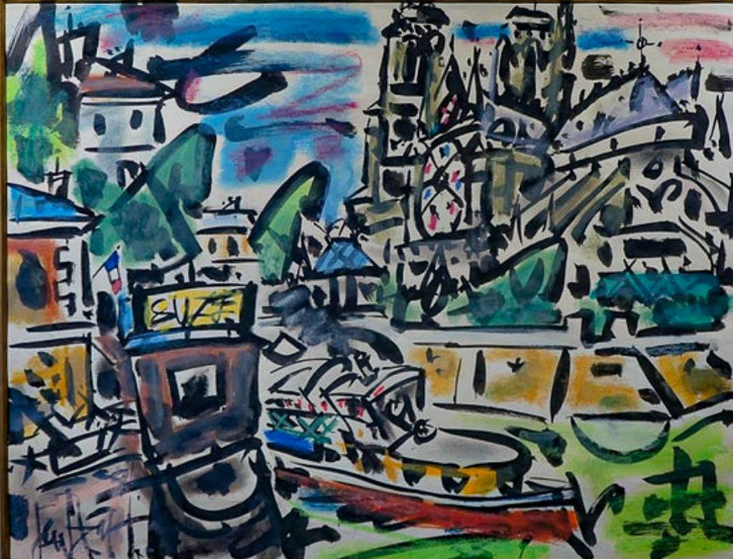 Expressionistische Notre Dame des Pariser Expressionismus mit dem Seine-Fluss und dem Tugboat im Angebot 2