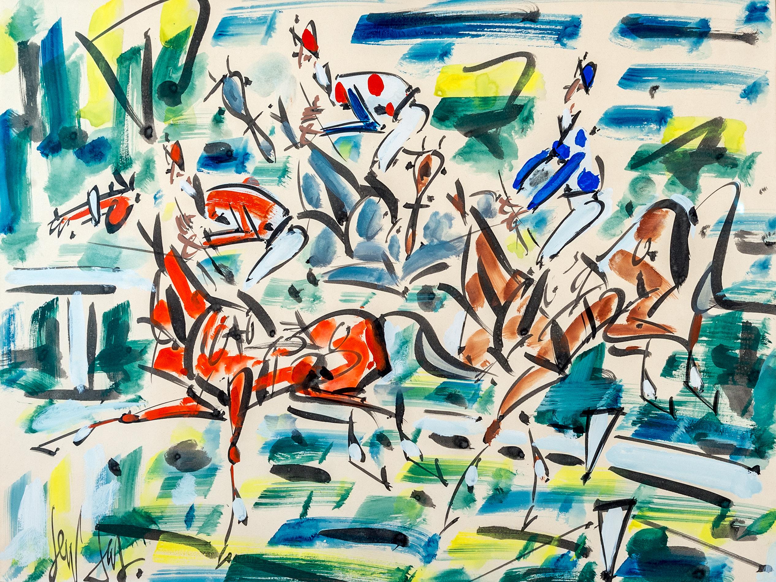 'At the Races' Abstract colourful painting of horses & jockeys racing in Paris  - Painting by GEN PAUL
