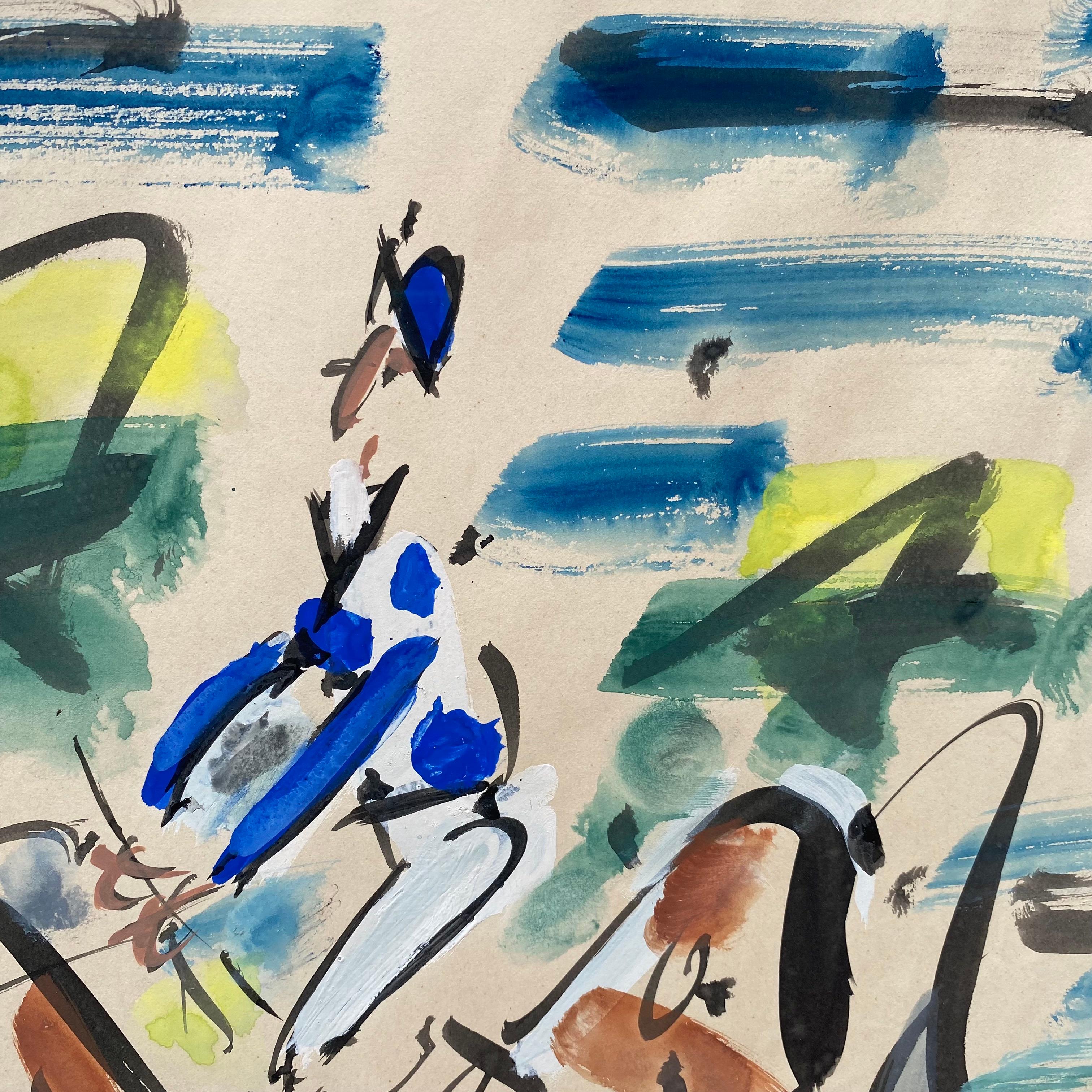 Peinture abstraite colorée « At the Races » représentant des chevaux et des jockeys courses à Paris  en vente 1