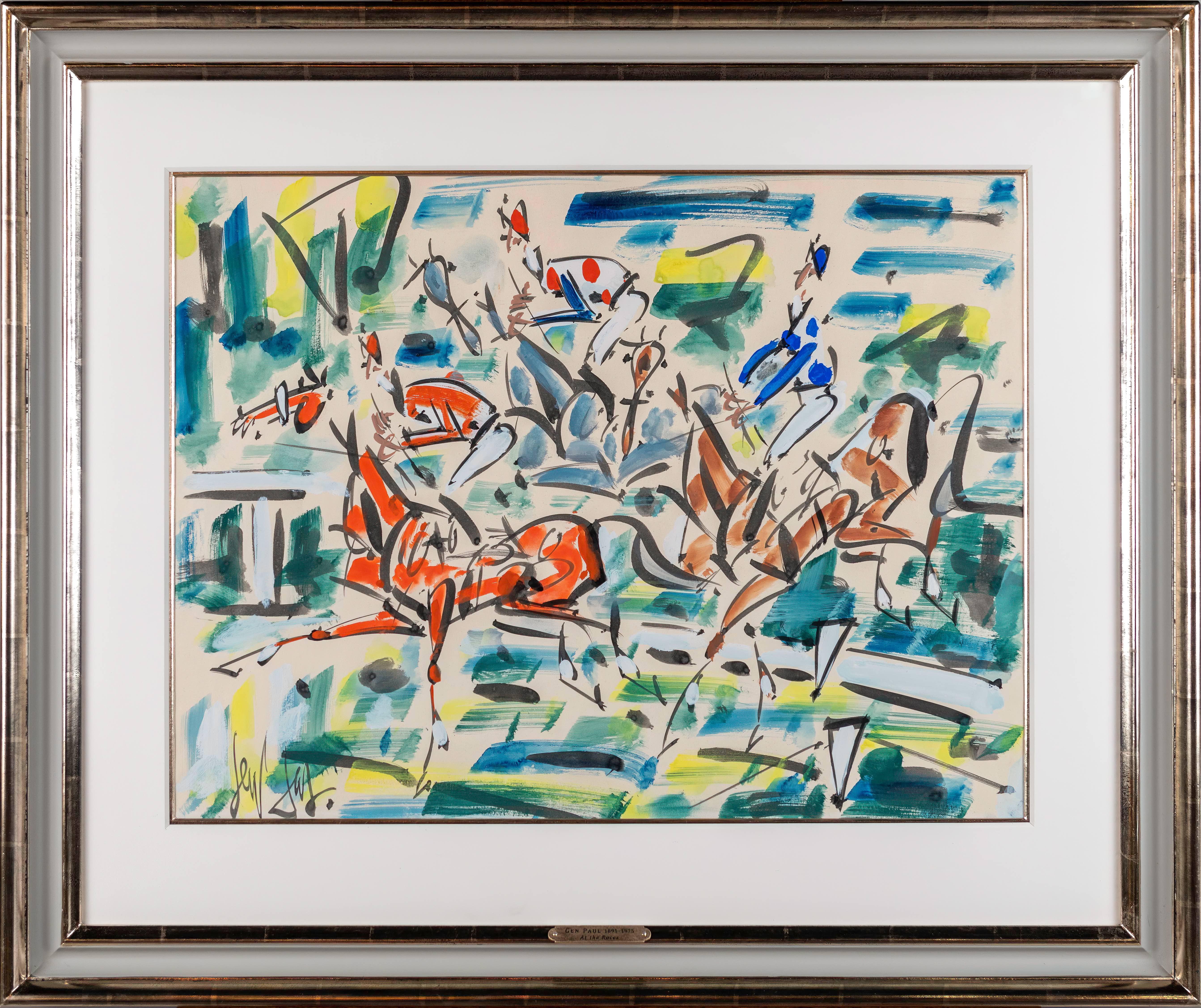 GEN PAUL Abstract Painting - 'At the Races' Abstract colourful painting of horses & jockeys racing in Paris 