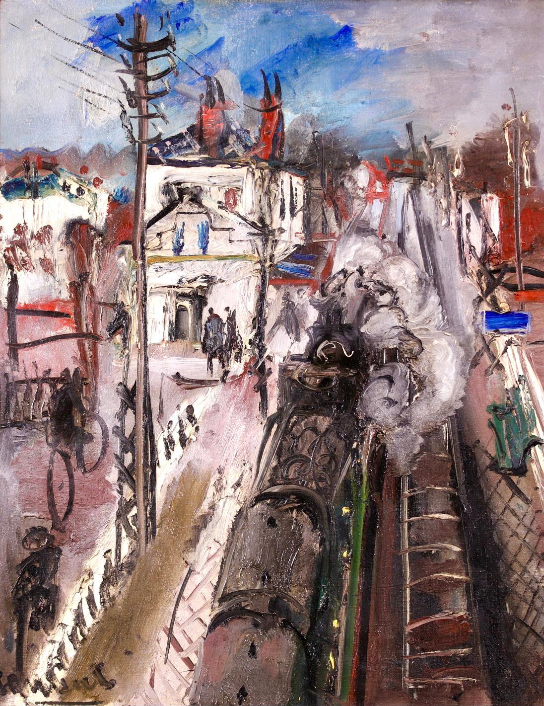 En Route pour Paris - Expressionist Oil, Train in Cityscape by Gen Paul