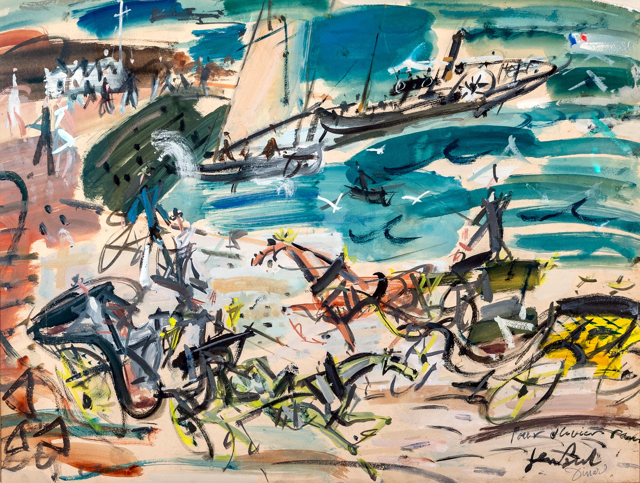 'Harbour Life' Abstract Paris harbour scene with boats, figures and horses - Painting by GEN PAUL