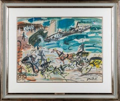 'Harbour Life' Abstract Paris harbour scene with boats, figures and horses