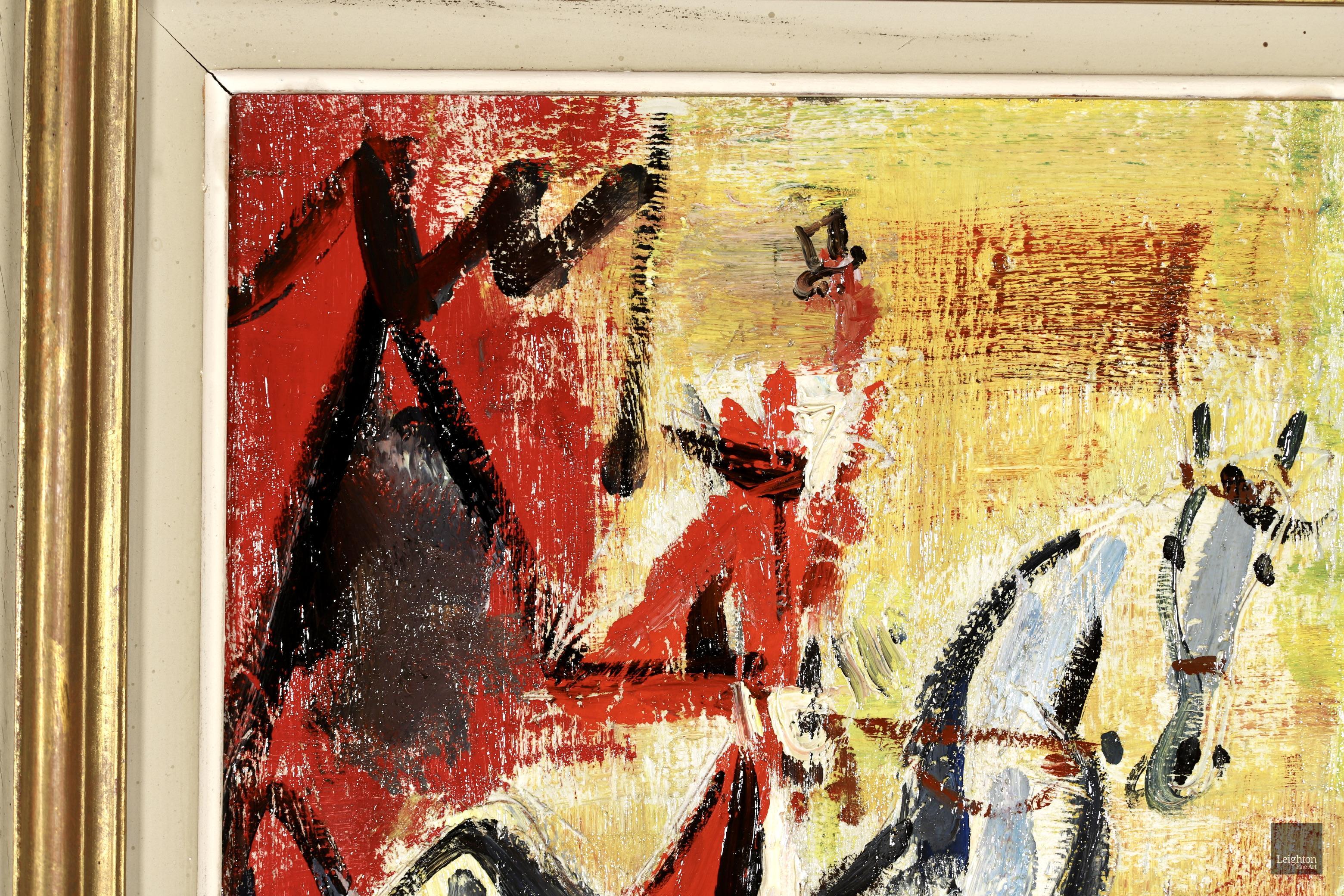 Signed expressionist oil on board portrait circa 1950 by French painter and engraver Gen Paul. This charming work depicts a jockey wearing red jacket and breeches seated on a white horse. This work is likely a painting of the fictional character Don