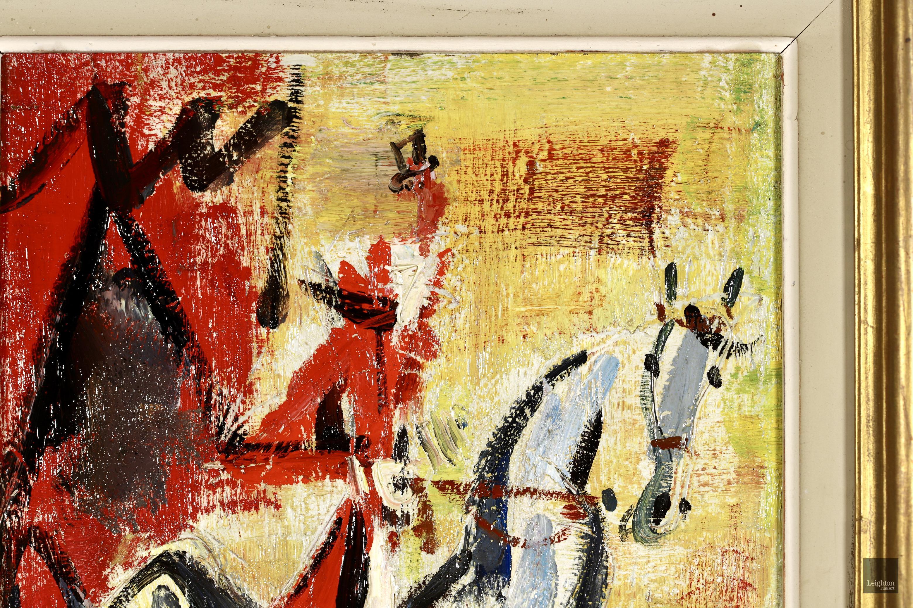 Signiertes expressionistisches Porträt in Öl auf Karton, um 1950, von dem französischen Maler und Graveur Gen Paul. Dieses charmante Werk zeigt einen Jockey in roter Jacke und Reithose, der auf einem weißen Pferd sitzt. Bei diesem Werk handelt es