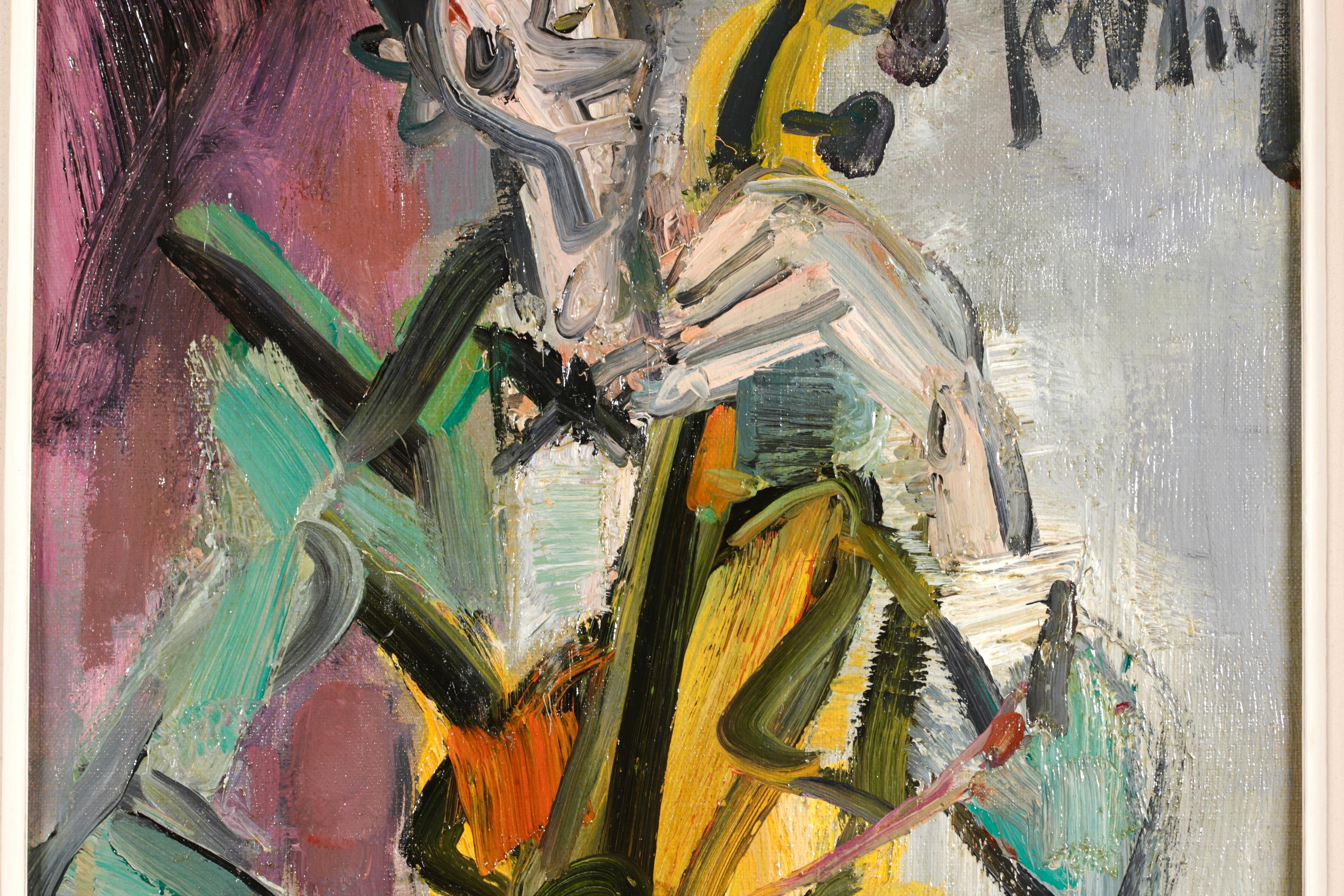 Signed expressionist oil on canvas portrait by French painter and engraver Gen Paul. This charming work depicts a seated musician wearing a green suit with a black bow tie playing the double bass. This beautiful example of Gen Paul's work dates to