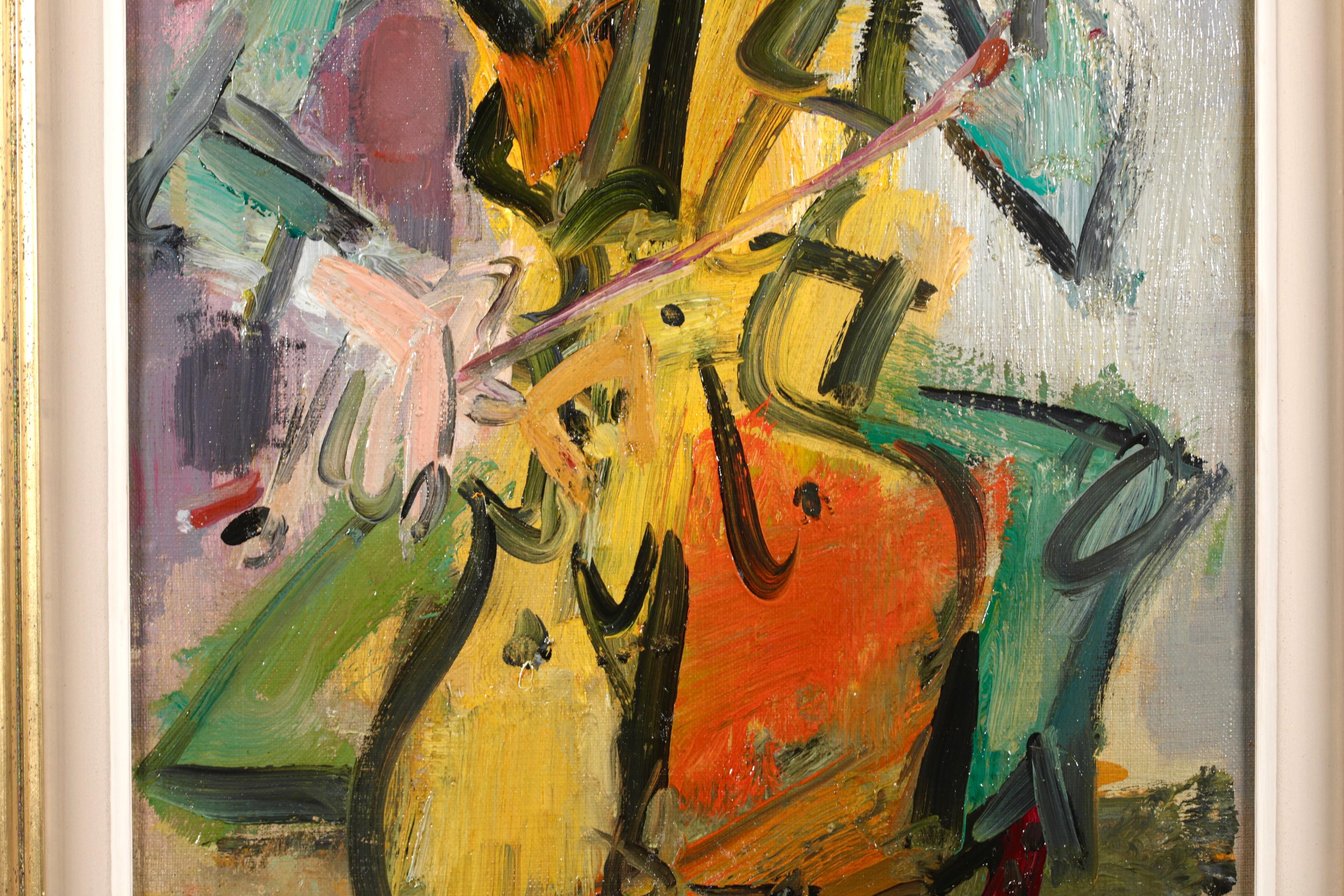 Signed expressionist oil on canvas portrait by French painter and engraver Gen Paul. This charming work depicts a seated musician wearing a green suit with a black bow tie playing the double bass. This beautiful example of Gen Paul's work dates to