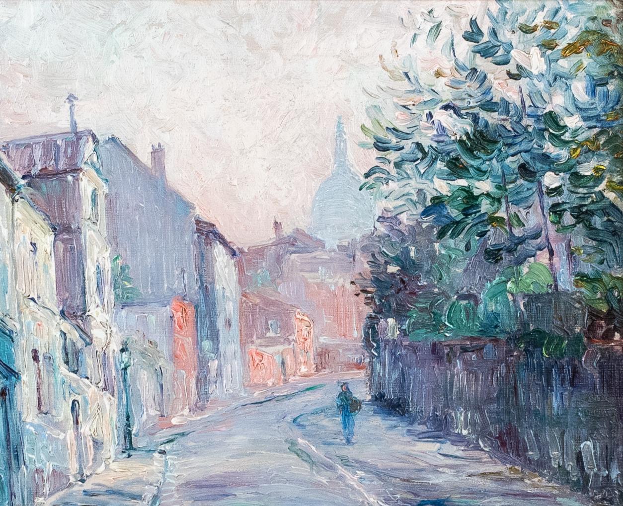 'Montmartre' Impressionist Cityscape painting of Paris, purple, green, pink - Painting by GEN PAUL