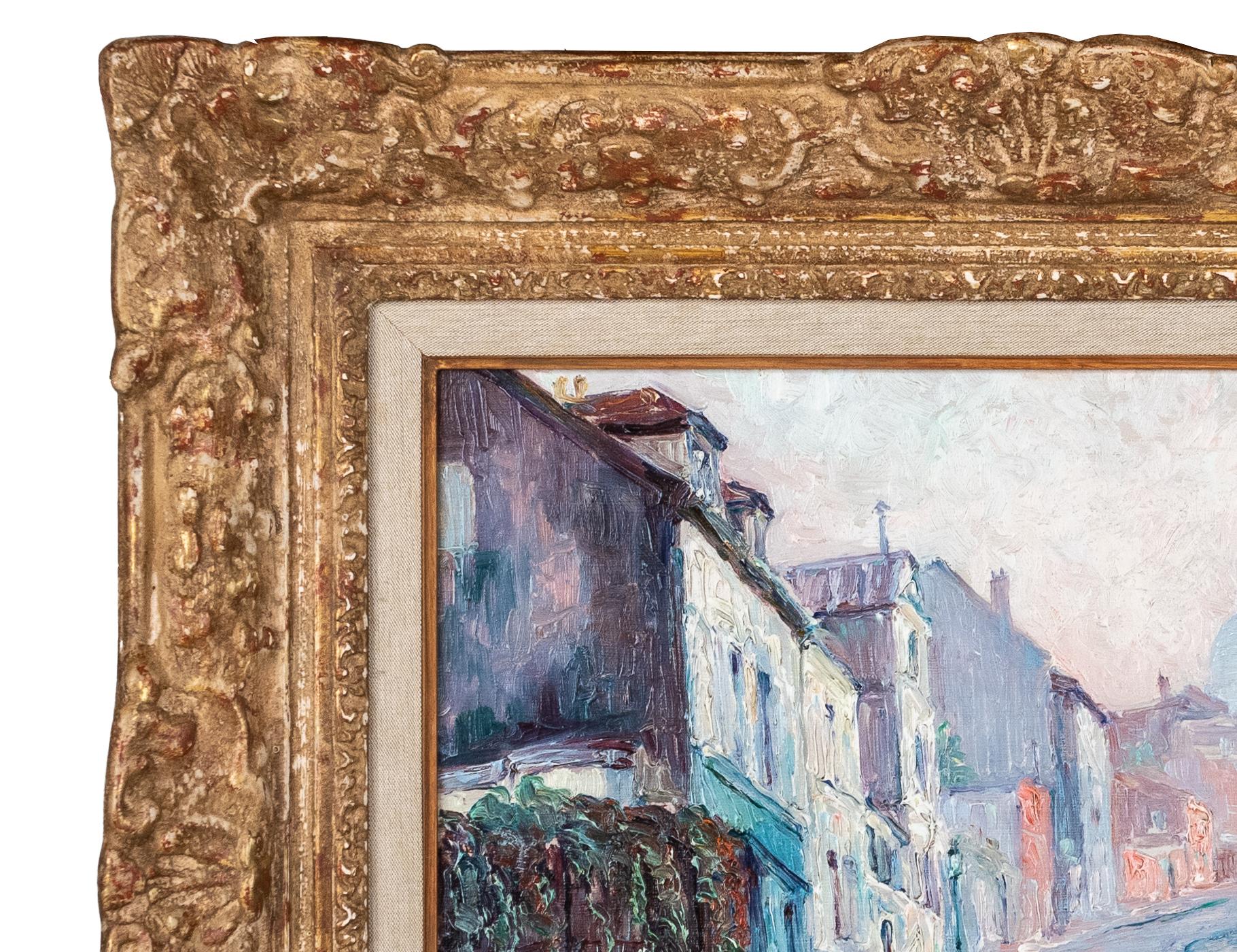 'Montmartre' by Gen Paul, a colourful impressionist landscape painting of Montmartre in Paris. A beautiful colour palette of purples, pinks and greens create a composition that is so tranquil and harmonious. A figure walks along the Parisian street
