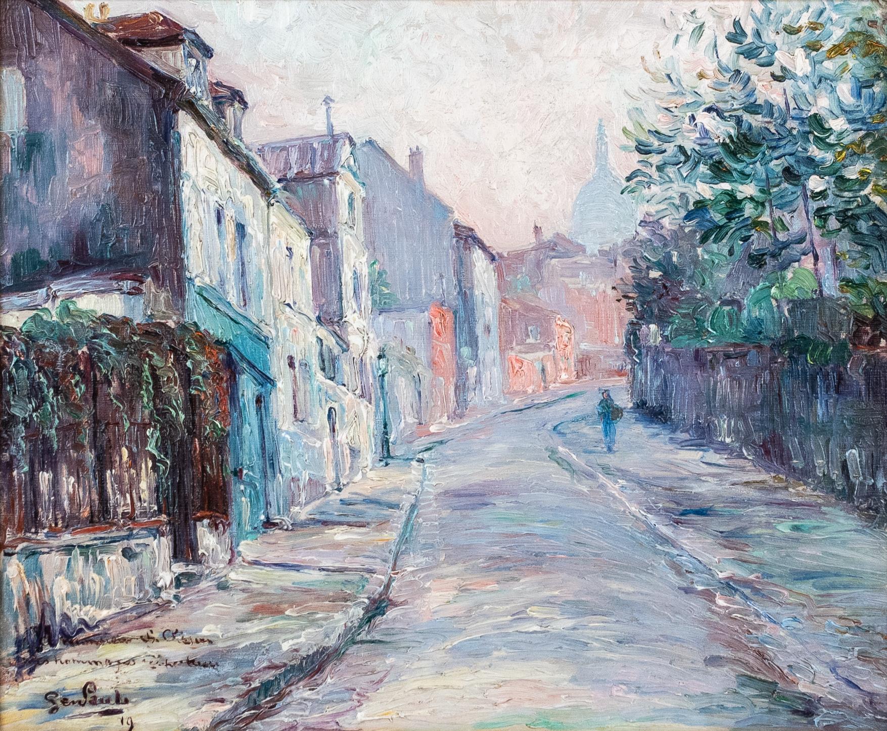 'Montmartre' Impressionist Cityscape painting of Paris, purple, green, pink For Sale 1