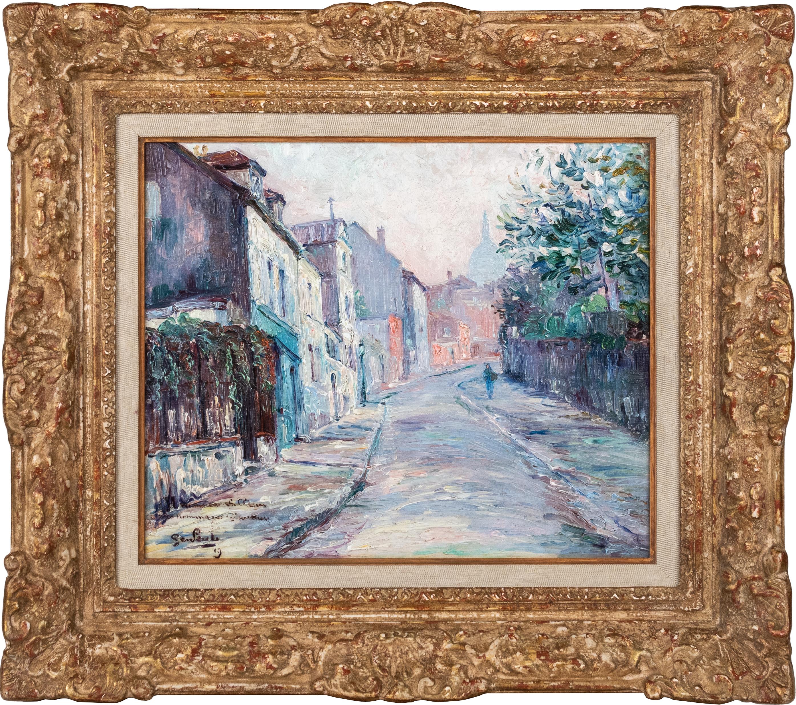 GEN PAUL Landscape Painting - 'Montmartre' Impressionist Cityscape painting of Paris, purple, green, pink