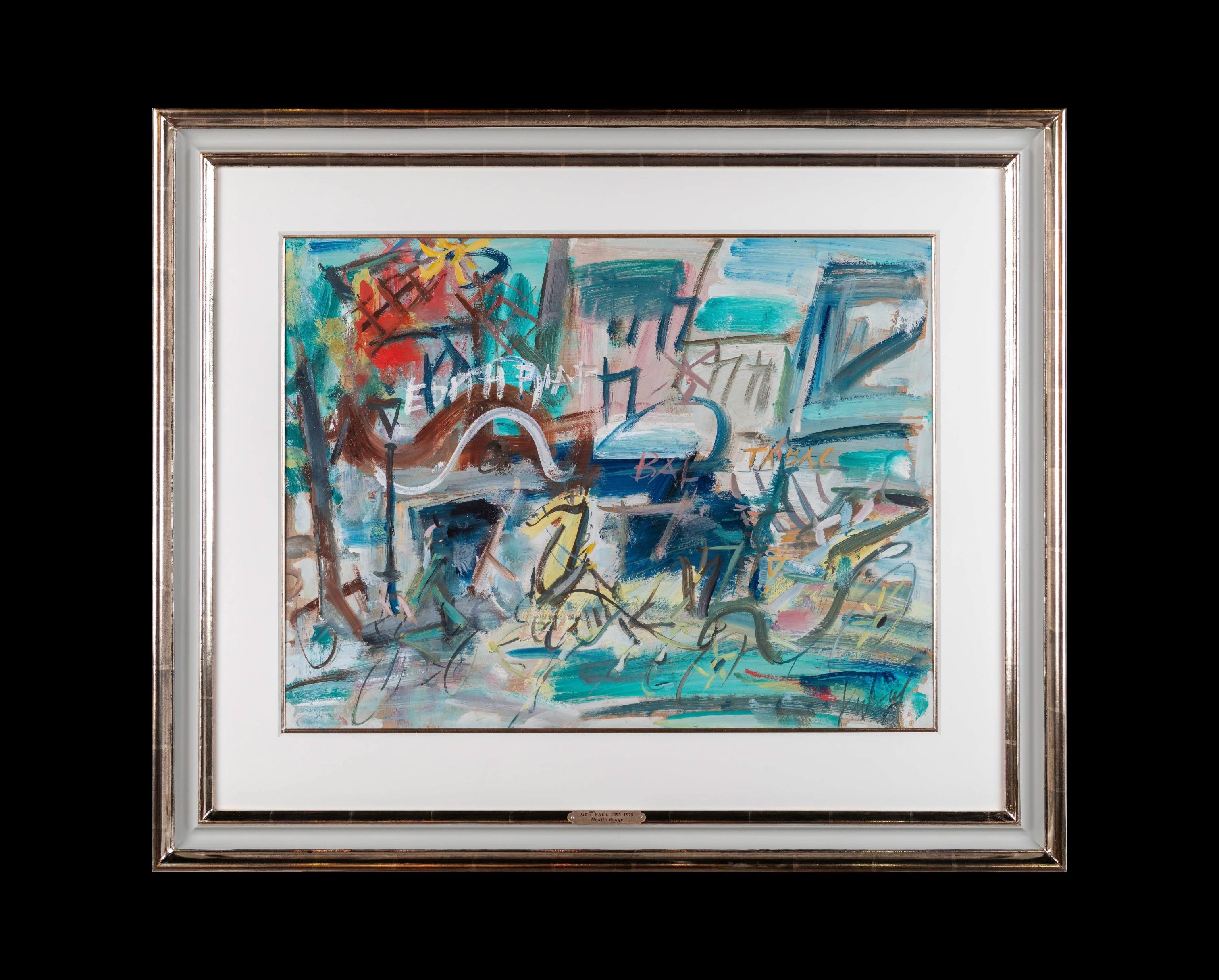 Moulin Rouge Paris Abstrakte Straßenszene Malerei, Figuren, Pferde, Raoul Dufy – Painting von GEN PAUL