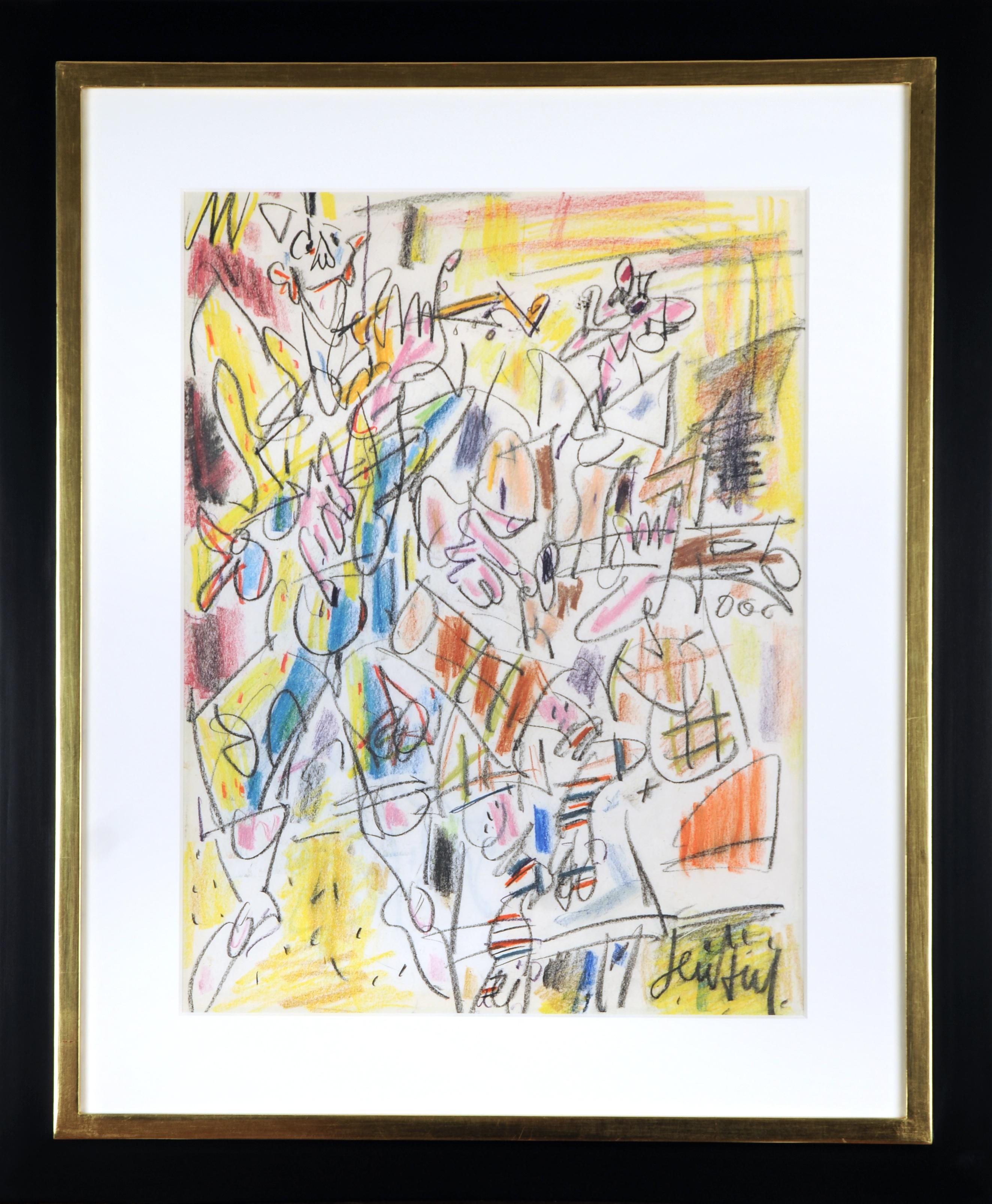 Musical Clowns: Abstract Pastel on Paper, Mid-20th Century Framed Art