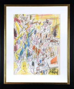 Musical Clowns: Abstract Pastel on Paper, Mid-20th Century Framed Art