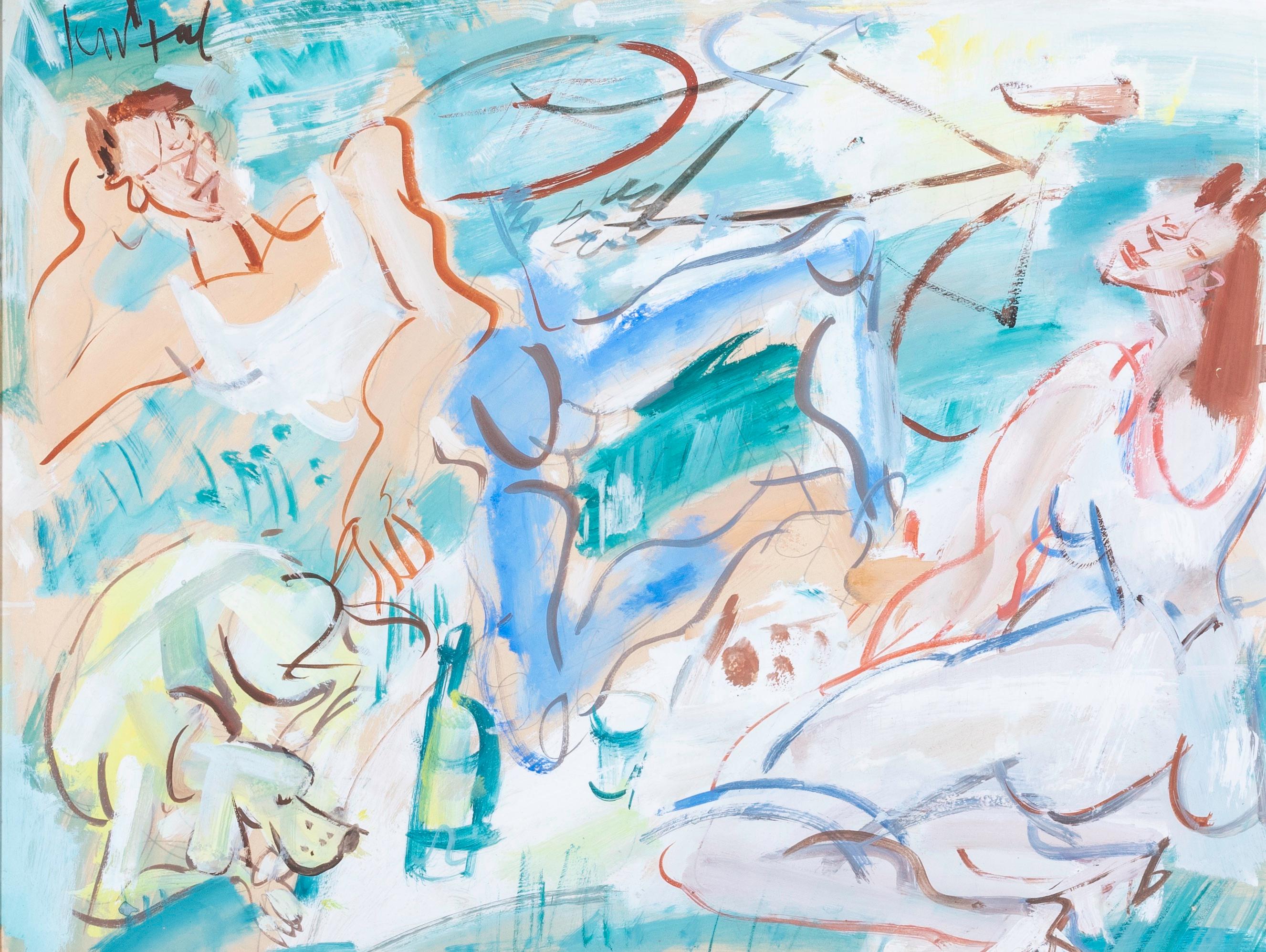 'Picnic' Cuadro abstracto figurativo con perro, pareja en un paisaje verde - Painting de GEN PAUL