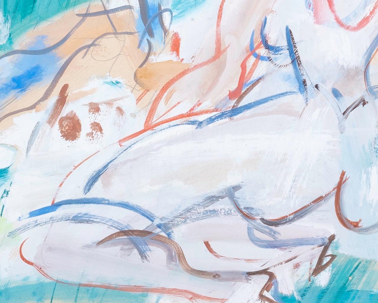 'Picnic' Cuadro abstracto figurativo con perro, pareja en un paisaje verde - Abstract Painting Beige de GEN PAUL