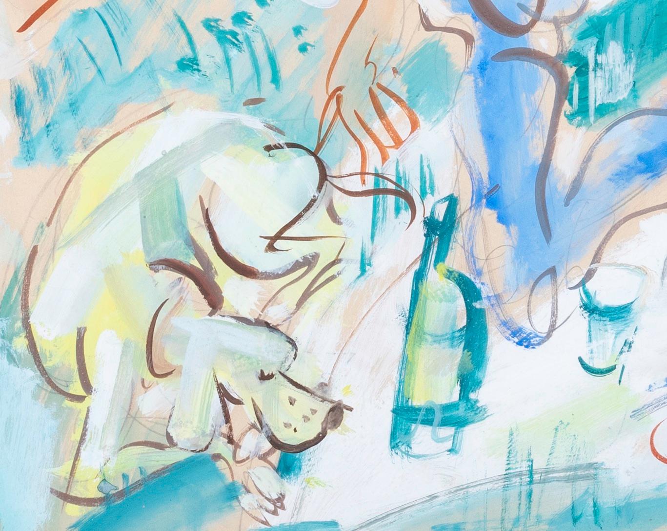 Peinture figurative abstraite « picturale » avec chien, couple dans un paysage vert  en vente 1