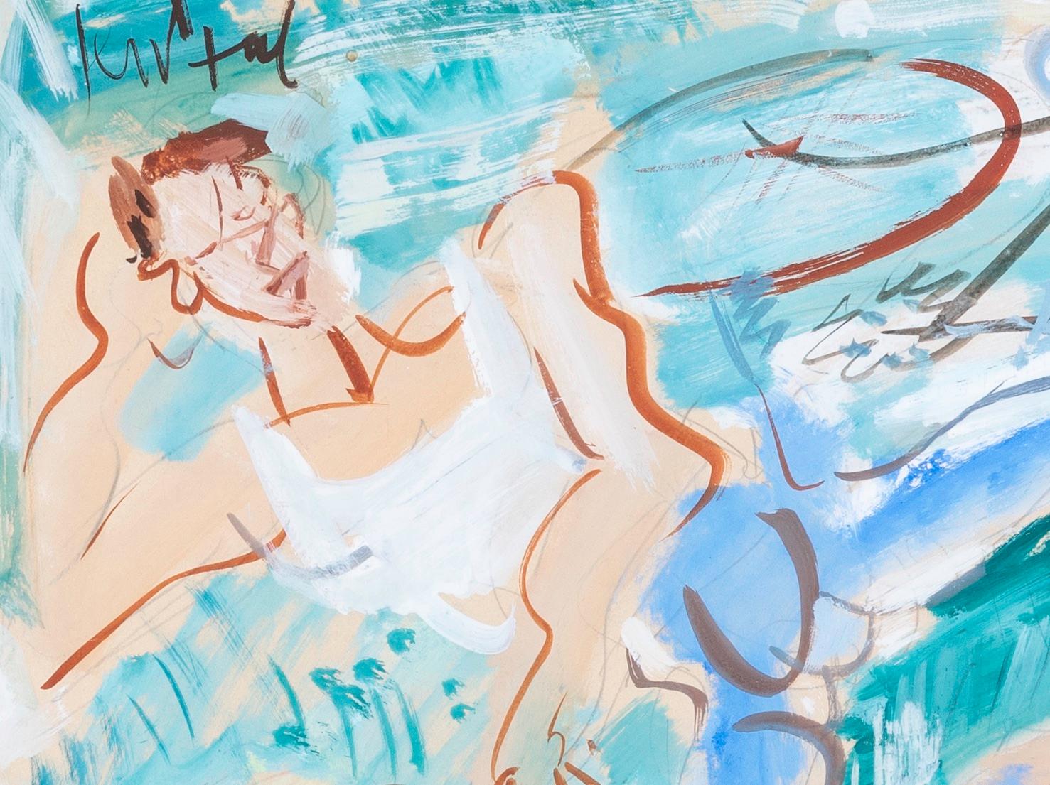 Peinture figurative abstraite « picturale » avec chien, couple dans un paysage vert  en vente 2