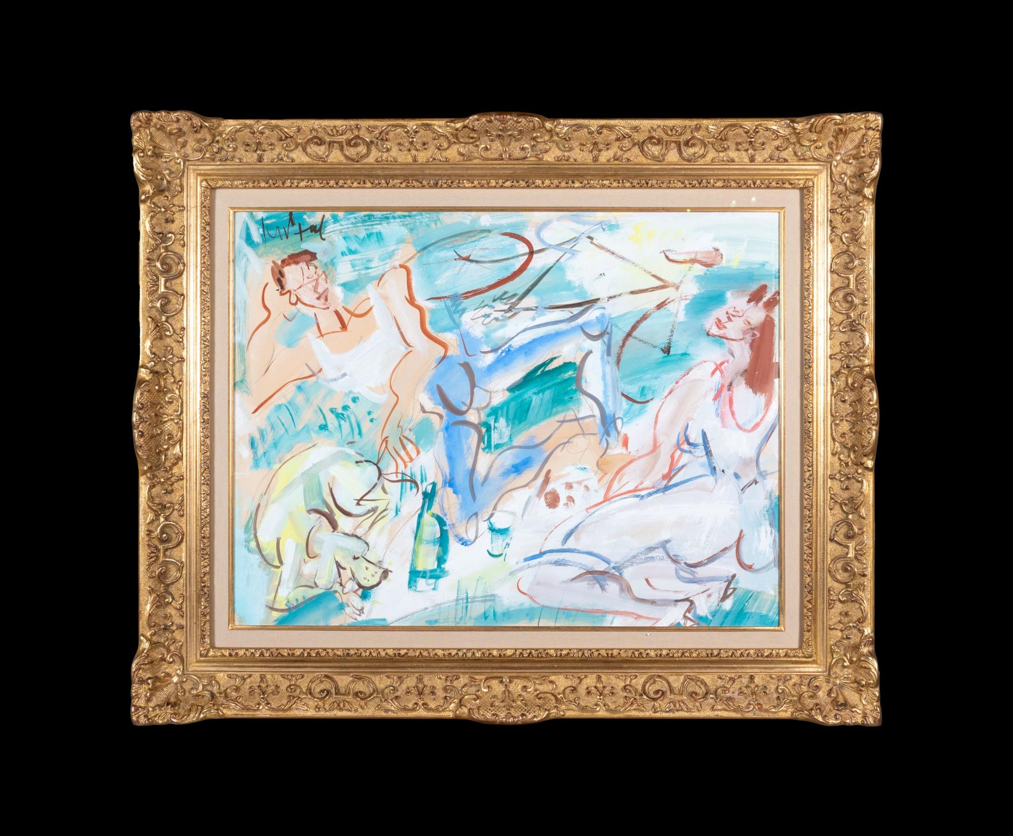 Picknick Pariser abstrakte figurative Malerei mit Hund  inspiriert von Raoul Dufy – Painting von GEN PAUL