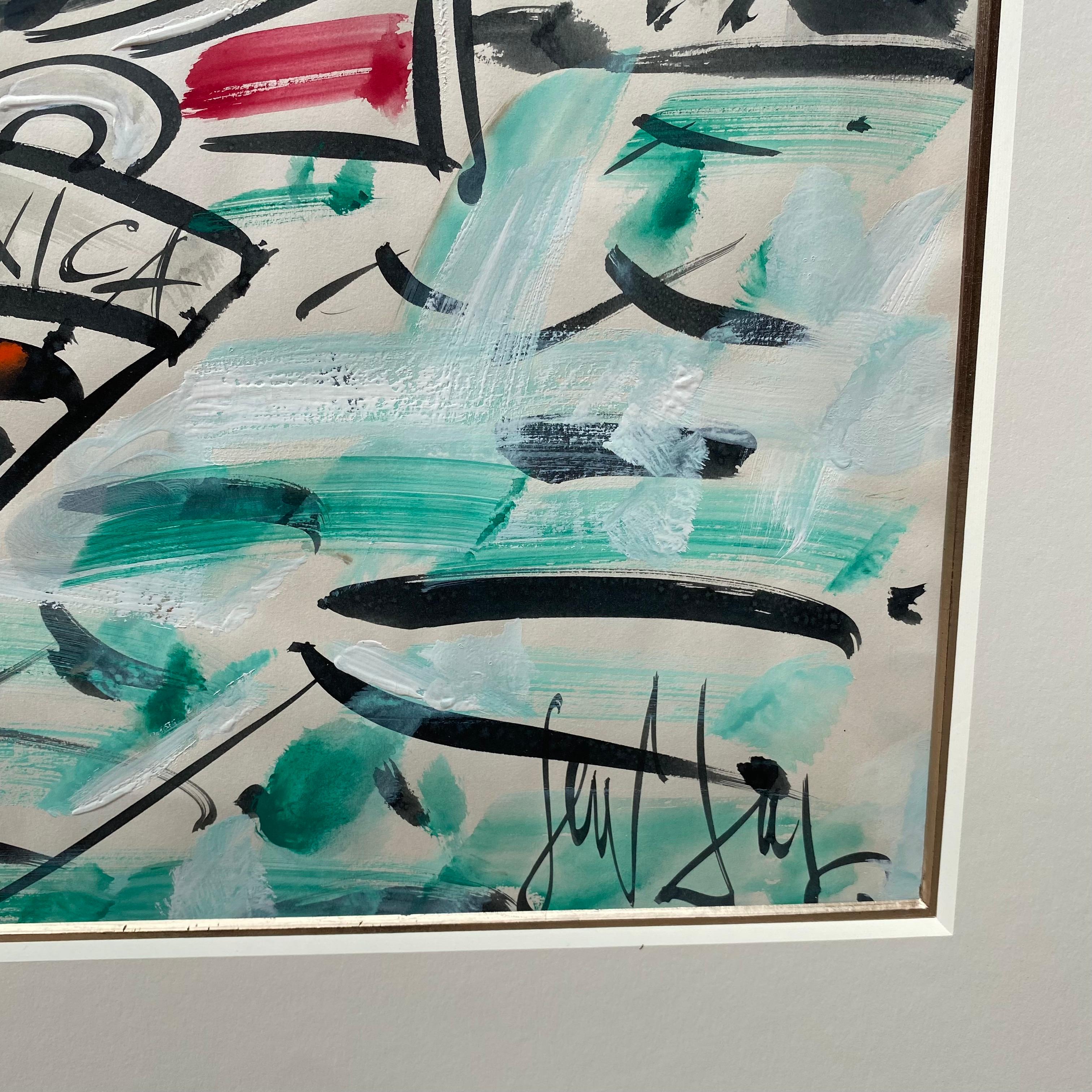 Diese lebhafte Szene am Wasser von Gen Paul strotzt nur so vor Farbe und Energie. Im Vordergrund ankert ein leuchtend rotes Boot vor einem sattblauen Hafen. Gebäude, ein Uhrenturm und ein Café tauchen mit ausdrucksstarkem Pinselstrich auf - geformt