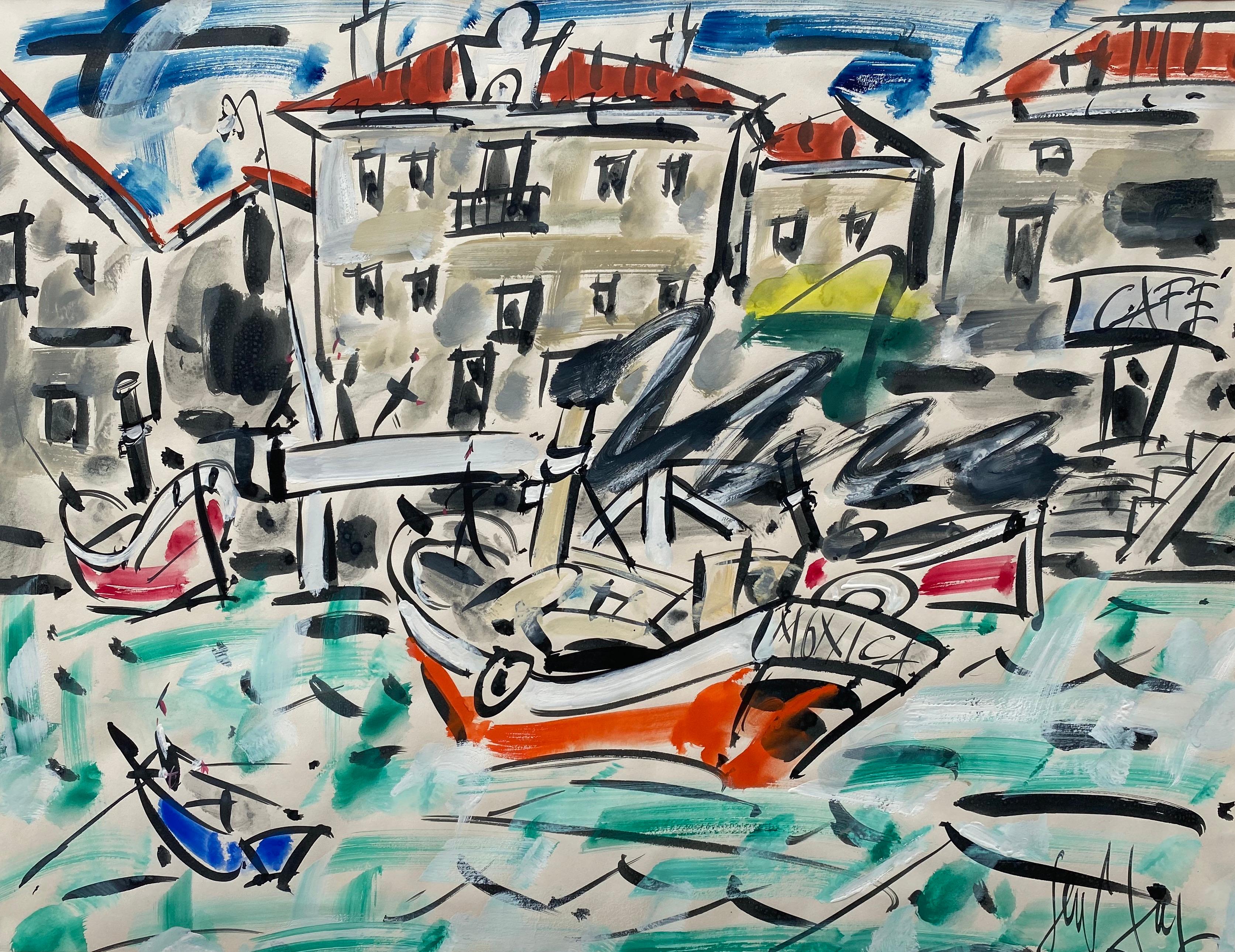 GEN PAUL Landscape Painting – Der Hafen Abstrakt Fauvist Buntes Gemälde von Boot, Wasser. Raoul Dufy