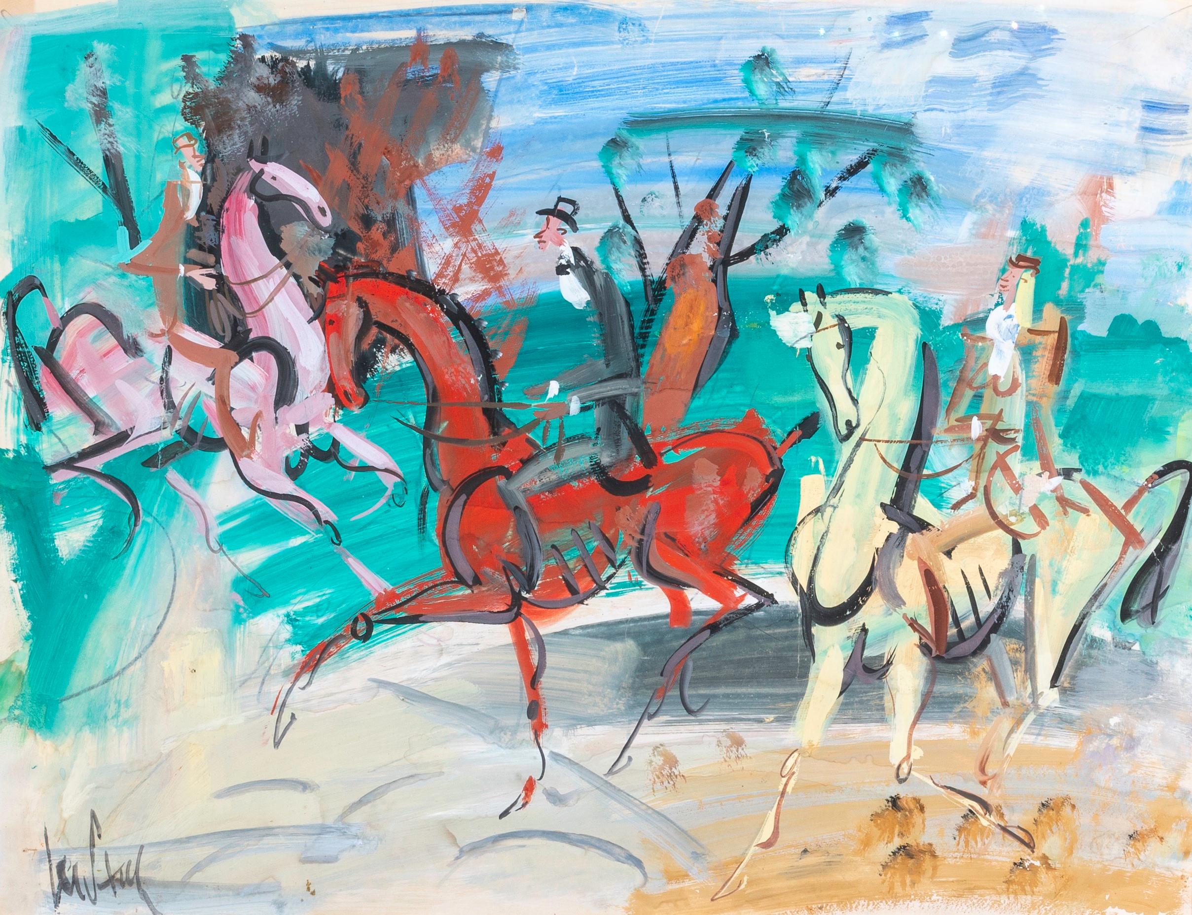 'The Promenade' Abstract Figurative painting of horses and figures, red, green - Painting by GEN PAUL