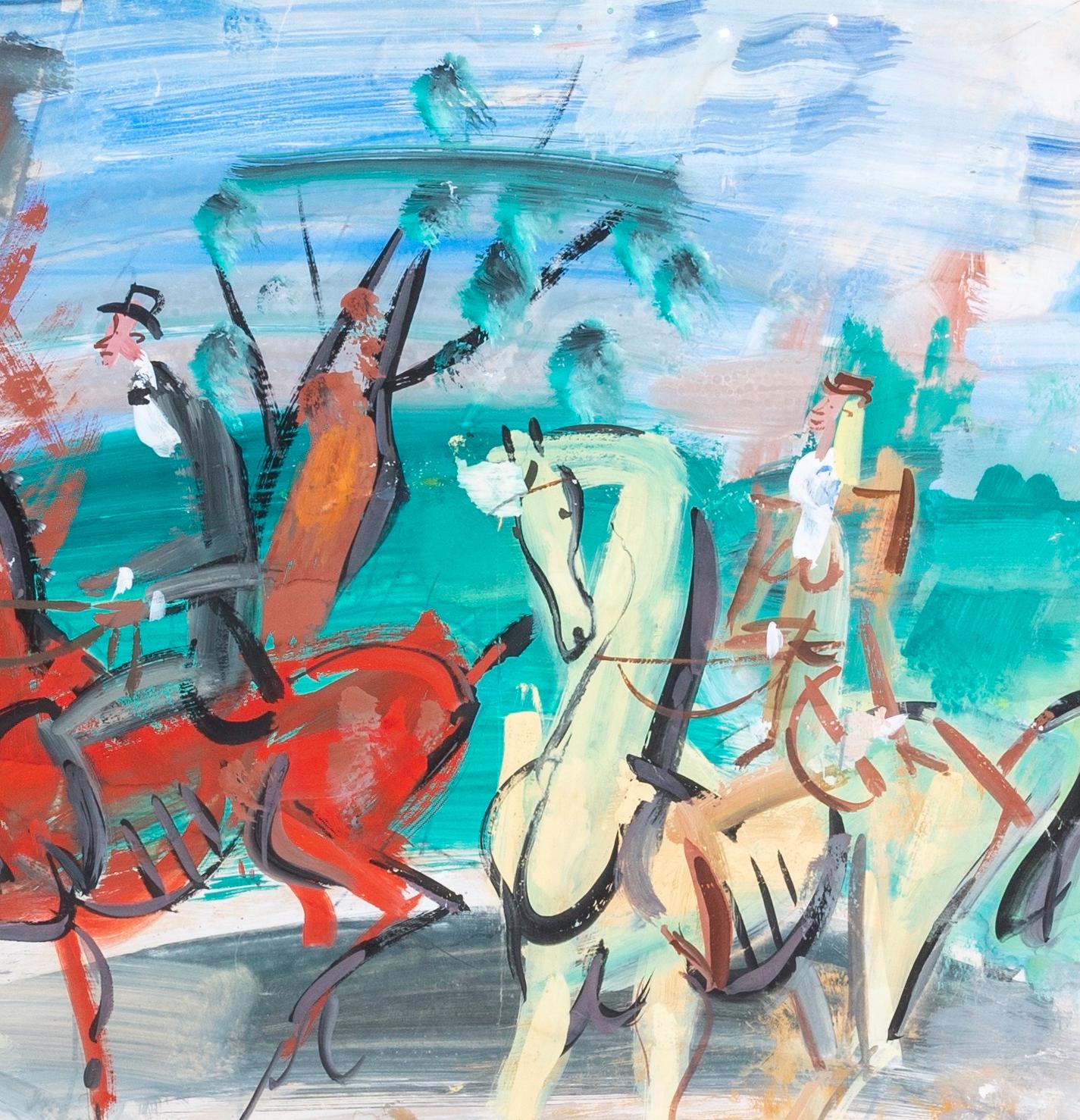 'The Promenade' by Gen Paul, a colourful Abstract Figurative painting of horses and figures with the main composition colours being green, red, pink and yellow. 

As a Montmartre native, Eugene Paul was born in Paris in 1985 and began drawing and